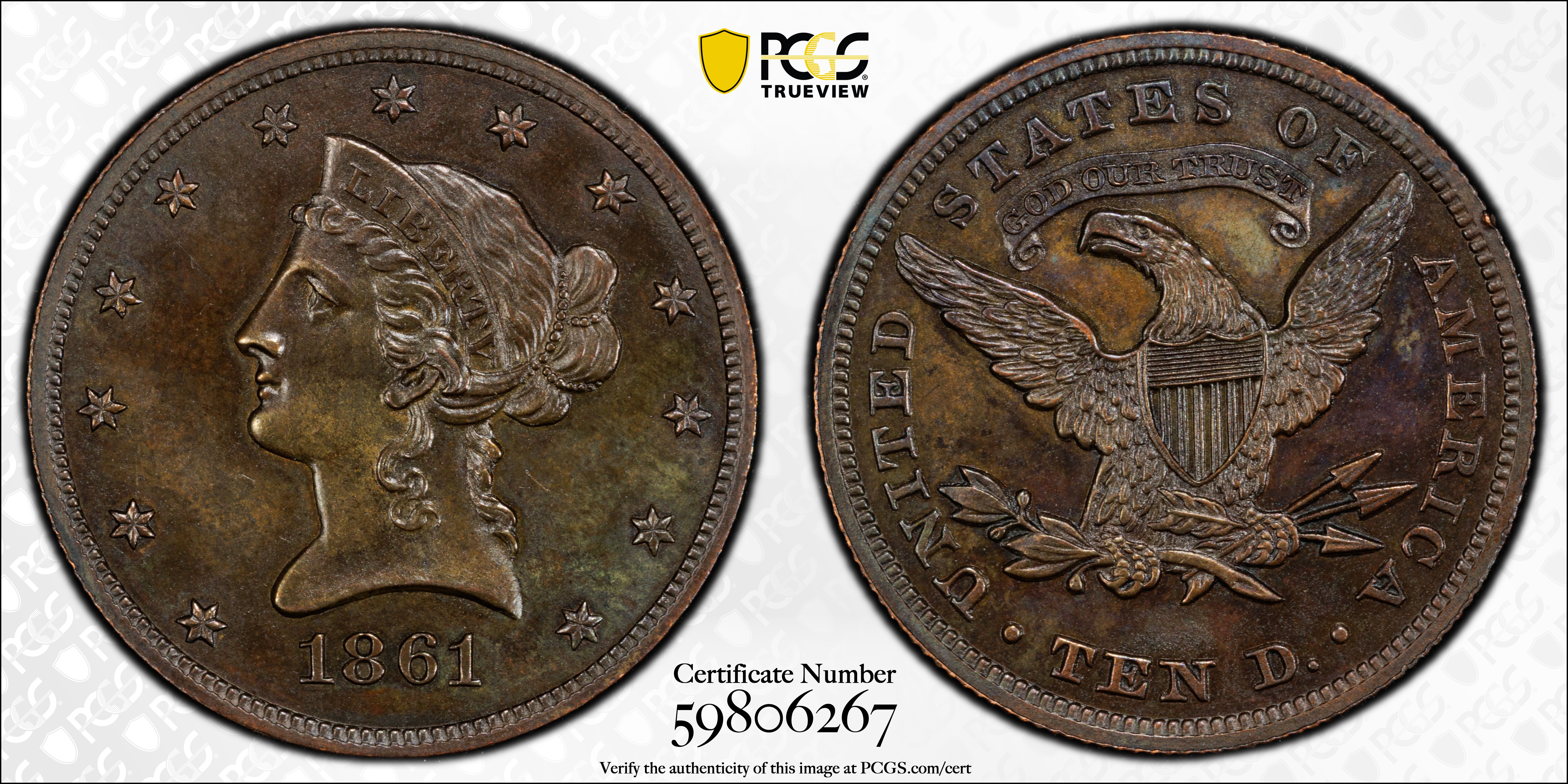 image for: 1861 Pattern Liberty Head Eagle. Judd-285, Pollock-340. Rarity-6+. Copper. Reeded Edge. Proof-63 BN (PCGS).
