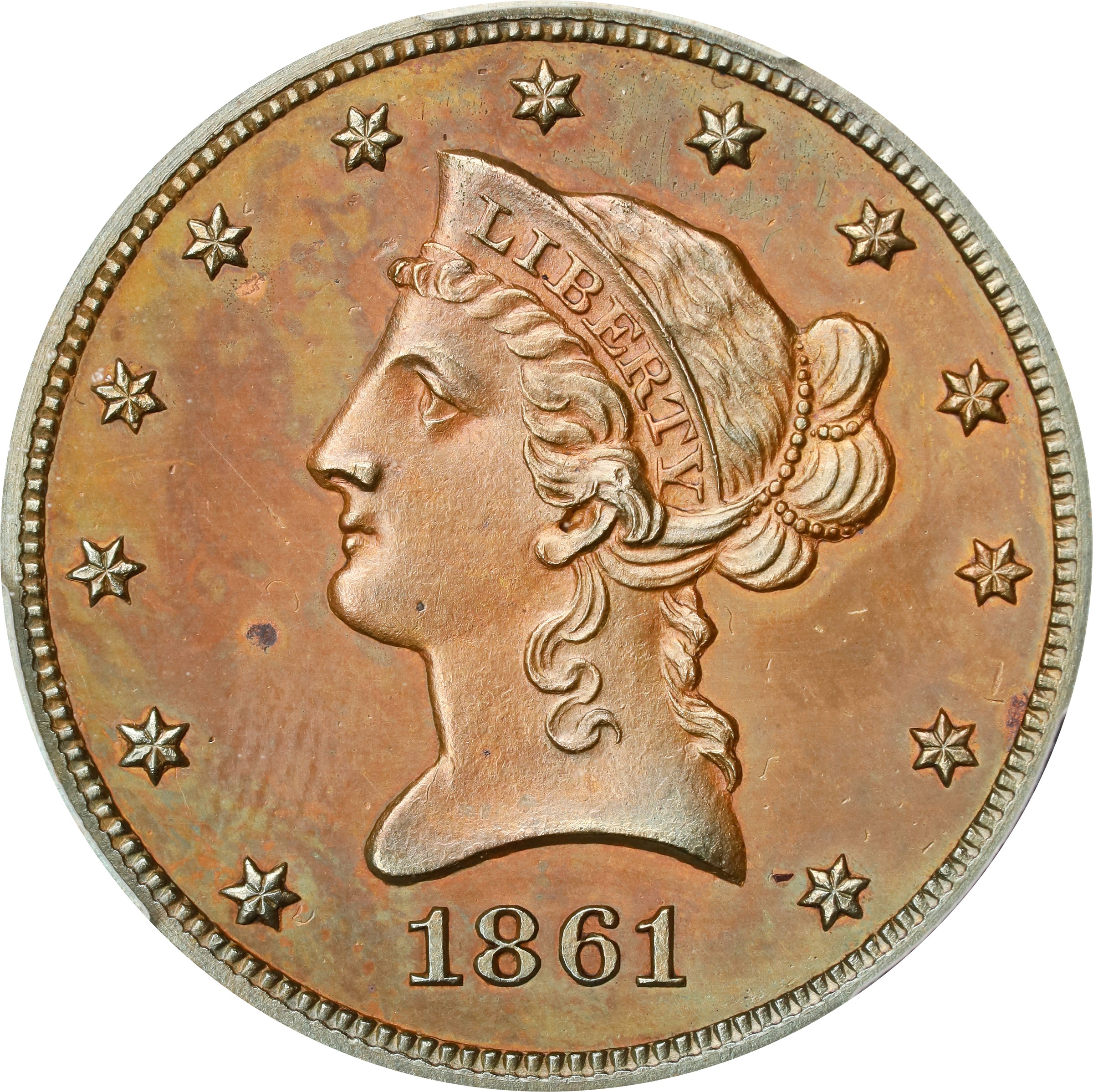 image for: 1861 Pattern Liberty Head Eagle. Judd-287, Pollock-344. Rarity-6+. Copper. Reeded Edge. Proof-62 BN (PCGS).