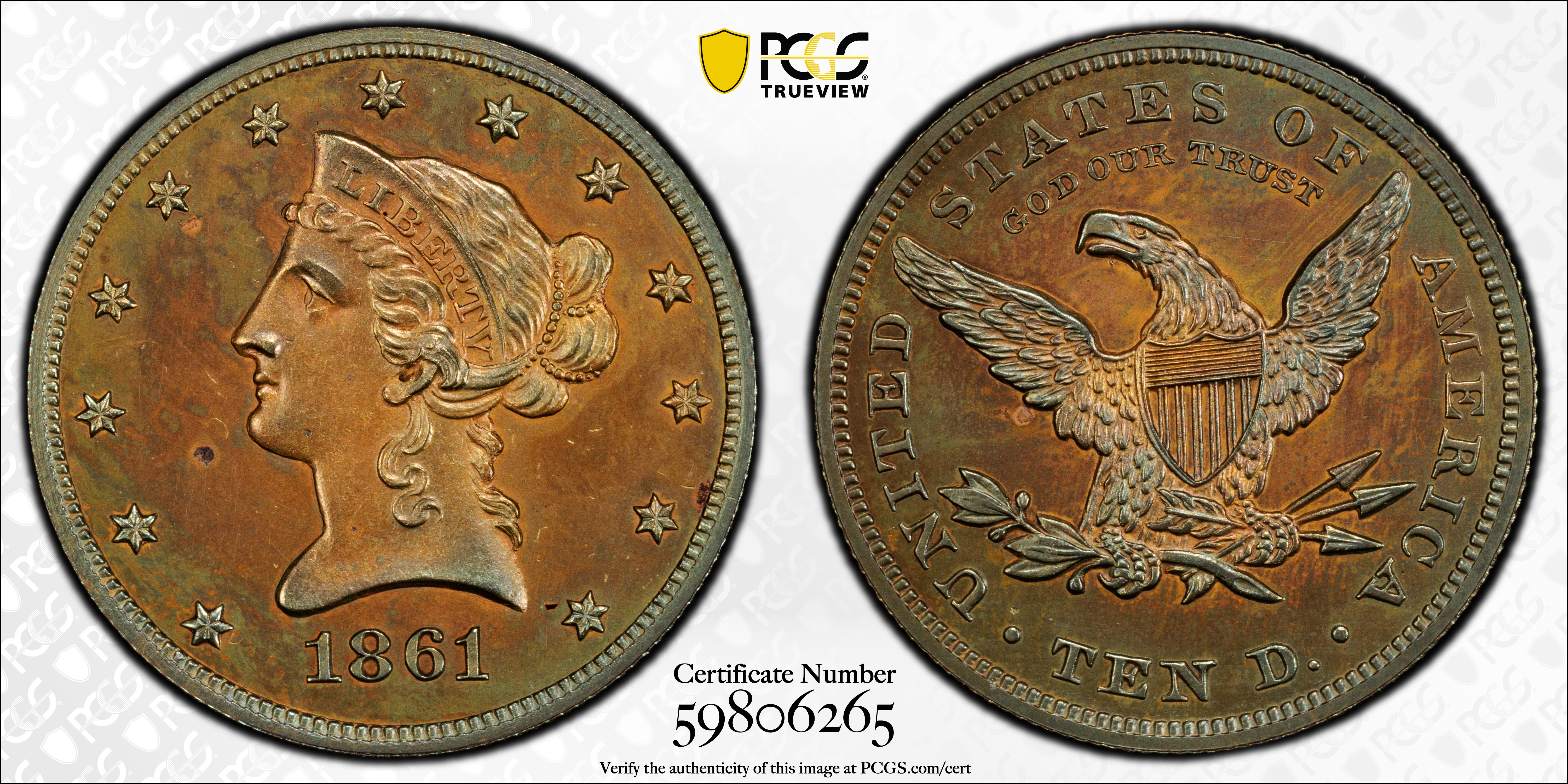 image for: 1861 Pattern Liberty Head Eagle. Judd-287, Pollock-344. Rarity-6+. Copper. Reeded Edge. Proof-62 BN (PCGS).