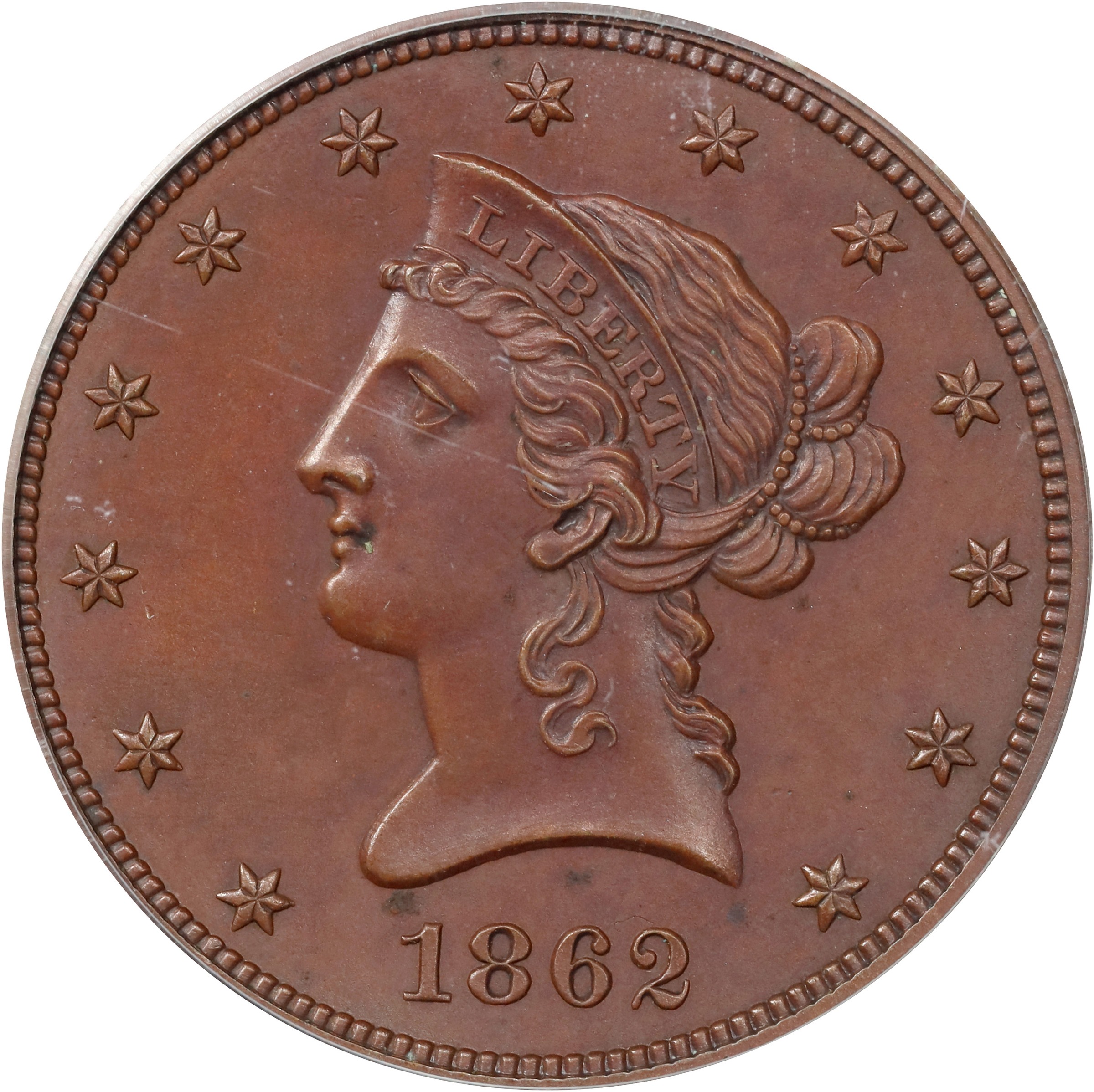 image for: 1862 Pattern Liberty Head Eagle. Judd-297, Pollock-355. Rarity-6-. Copper, Bronzed. Reeded Edge. Proof-65 BN (PCGS).