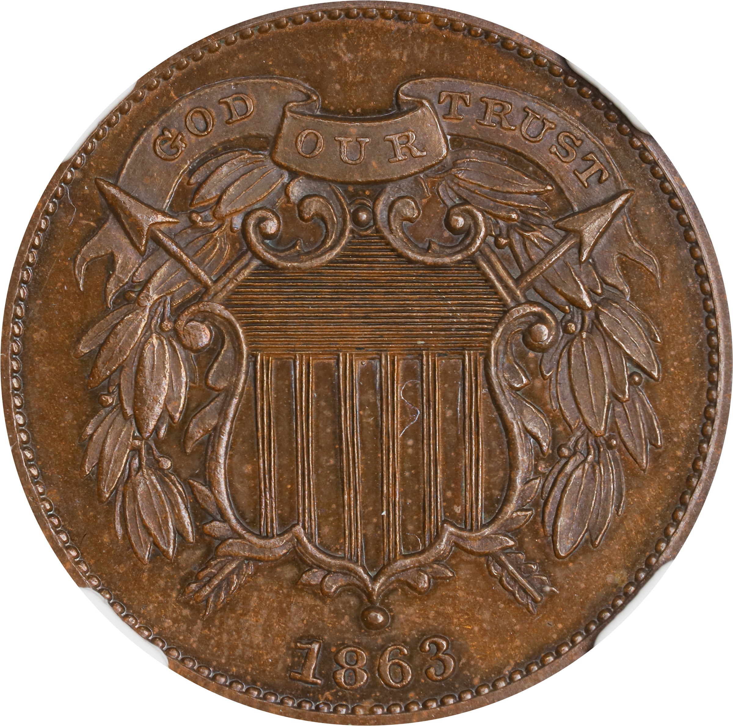 image for: 1863 Pattern Two-Cent Piece. Judd-312, Pollock-377. Rarity-4. Bronze. Plain Edge. Proof-65 BN (NGC).