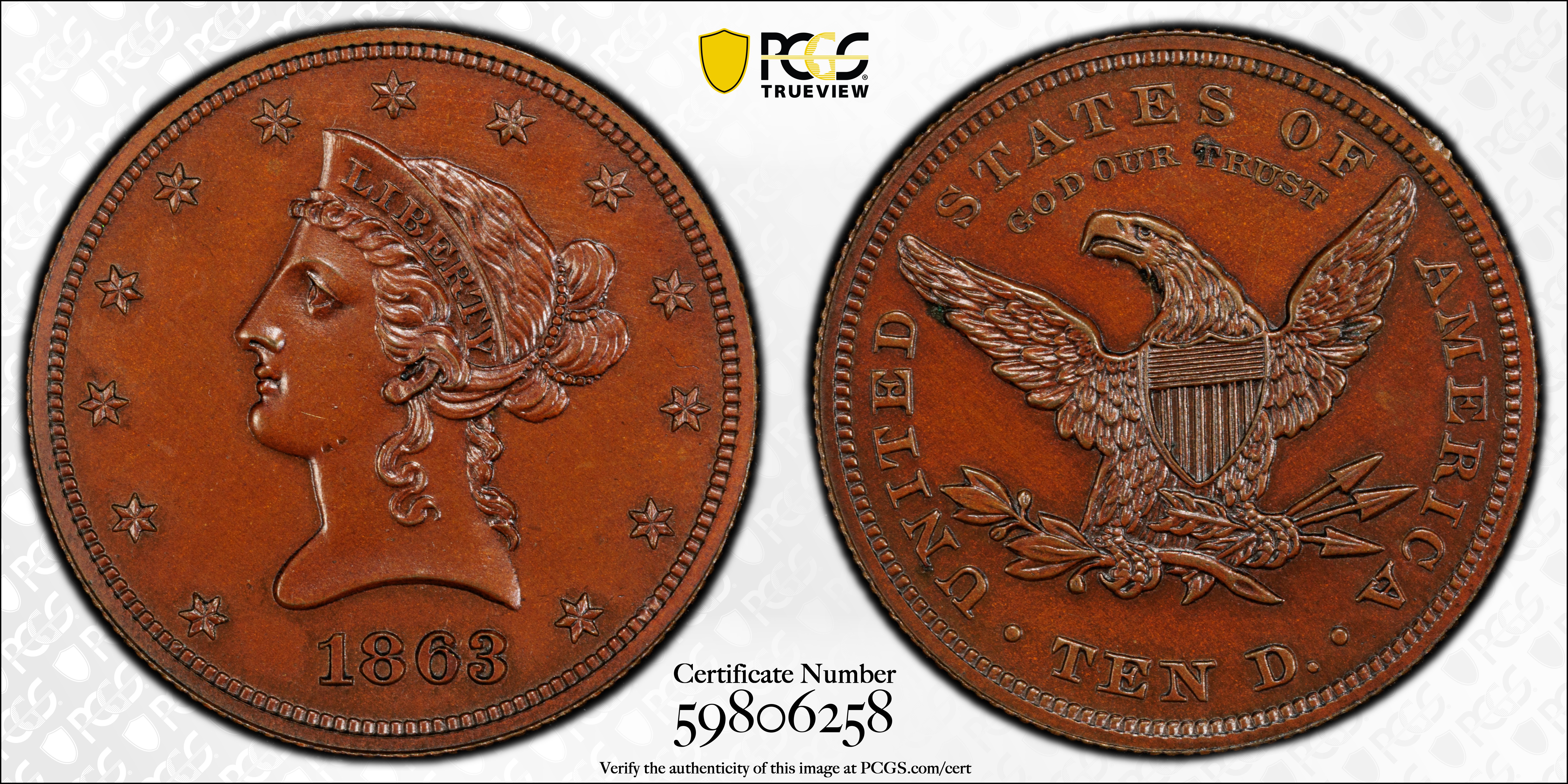 image for: 1863 Pattern Liberty Head Eagle. Judd-352, Pollock-424. Rarity-6+. Copper. Reeded Edge. Proof-64 BN (PCGS).