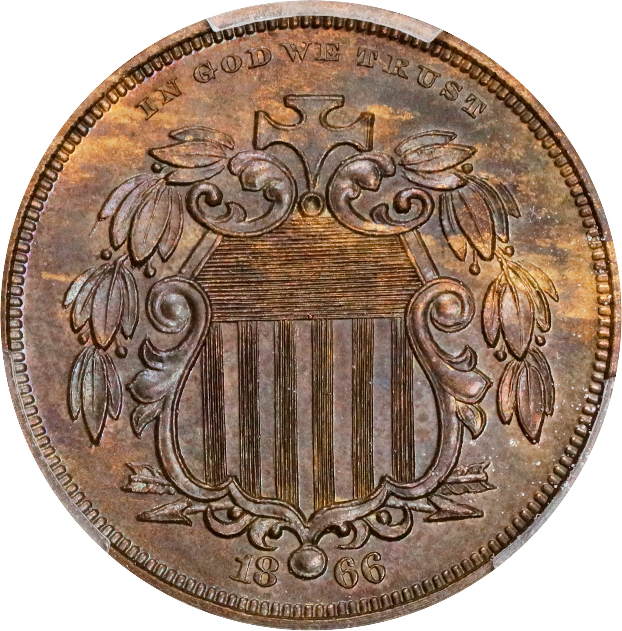 image for: 1866 Pattern Shield Nickel. Judd-491, Pollock-578. Rarity-7-. Bronze. Plain Edge. Proof-64 BN (PCGS). CAC.