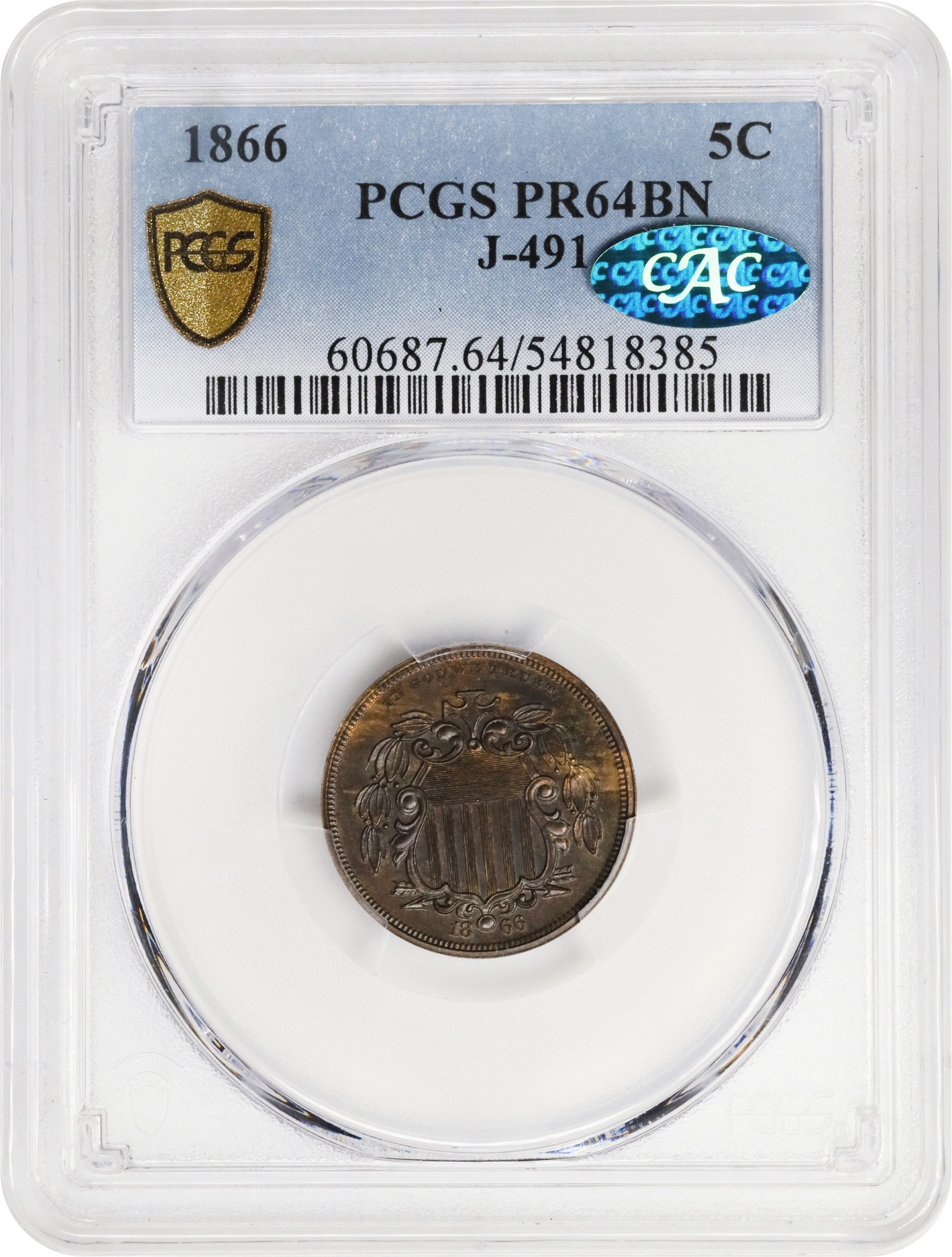 image for: 1866 Pattern Shield Nickel. Judd-491, Pollock-578. Rarity-7-. Bronze. Plain Edge. Proof-64 BN (PCGS). CAC.