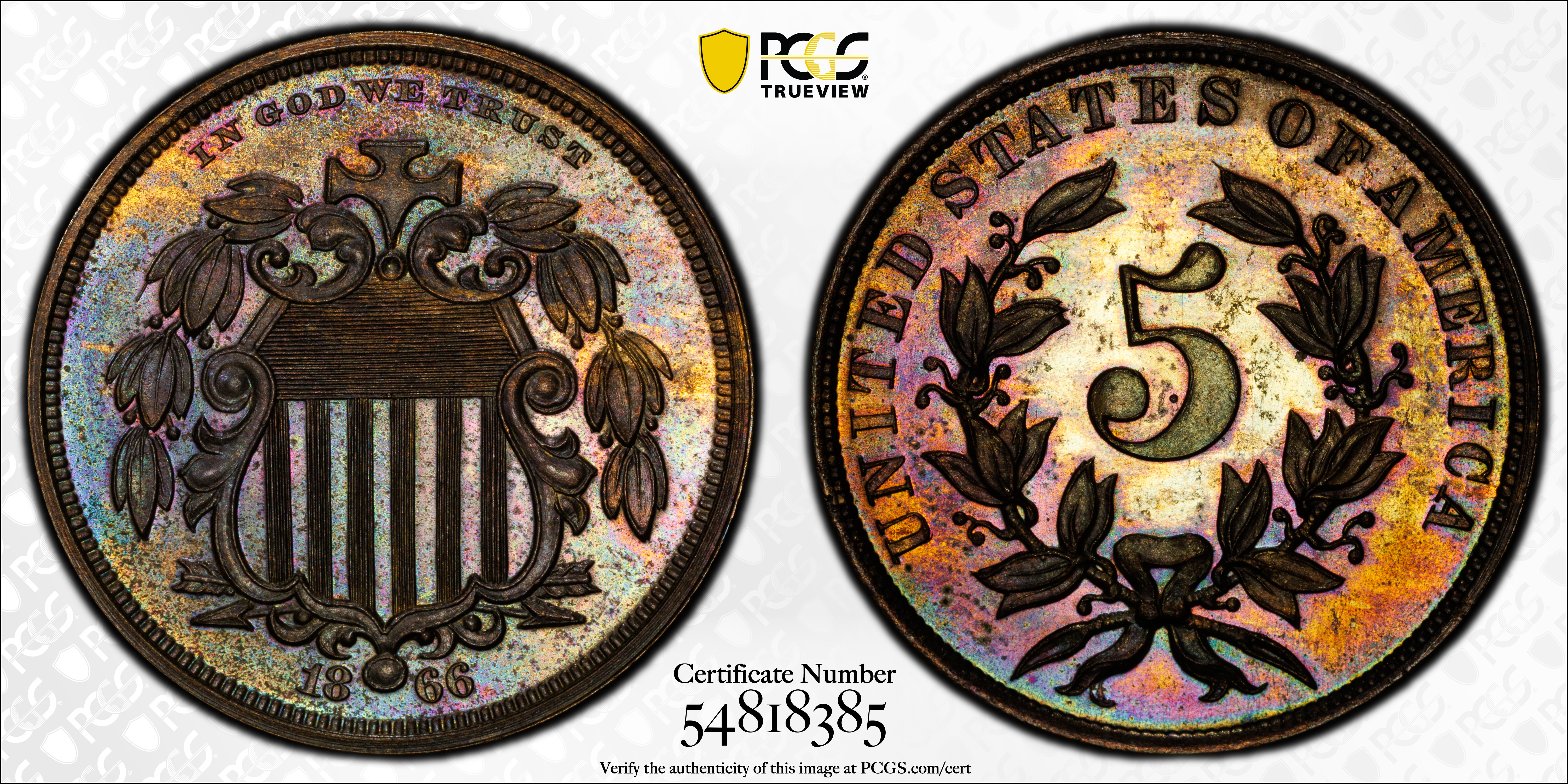 image for: 1866 Pattern Shield Nickel. Judd-491, Pollock-578. Rarity-7-. Bronze. Plain Edge. Proof-64 BN (PCGS). CAC.