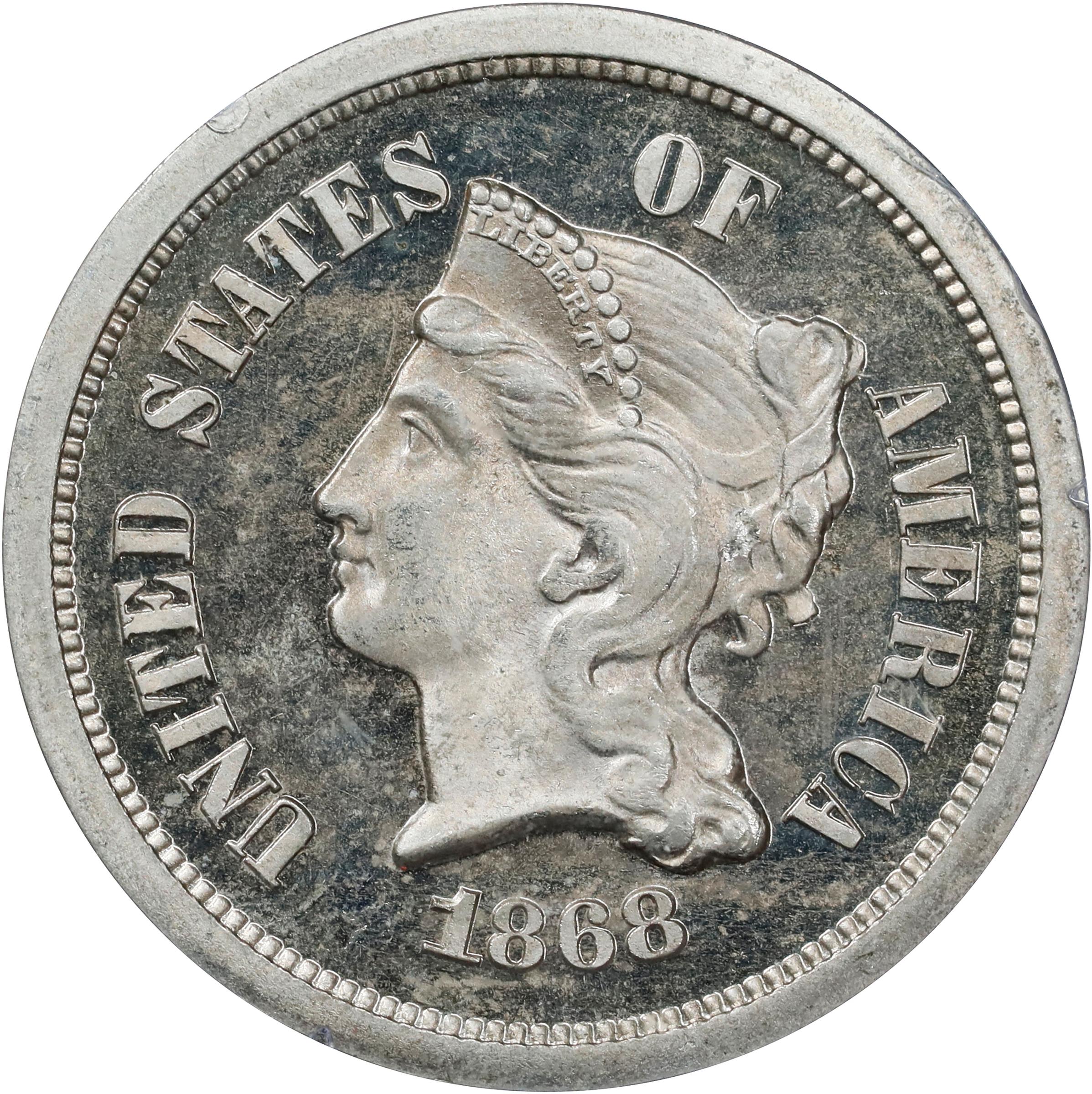 image for: 1868 Pattern Five Cents. Judd-623, Pollock-692. Rarity-6-. Nickel. Plain Edge. Regular Planchet. Proof-64 (PCGS). CAC. OGH Rattler.