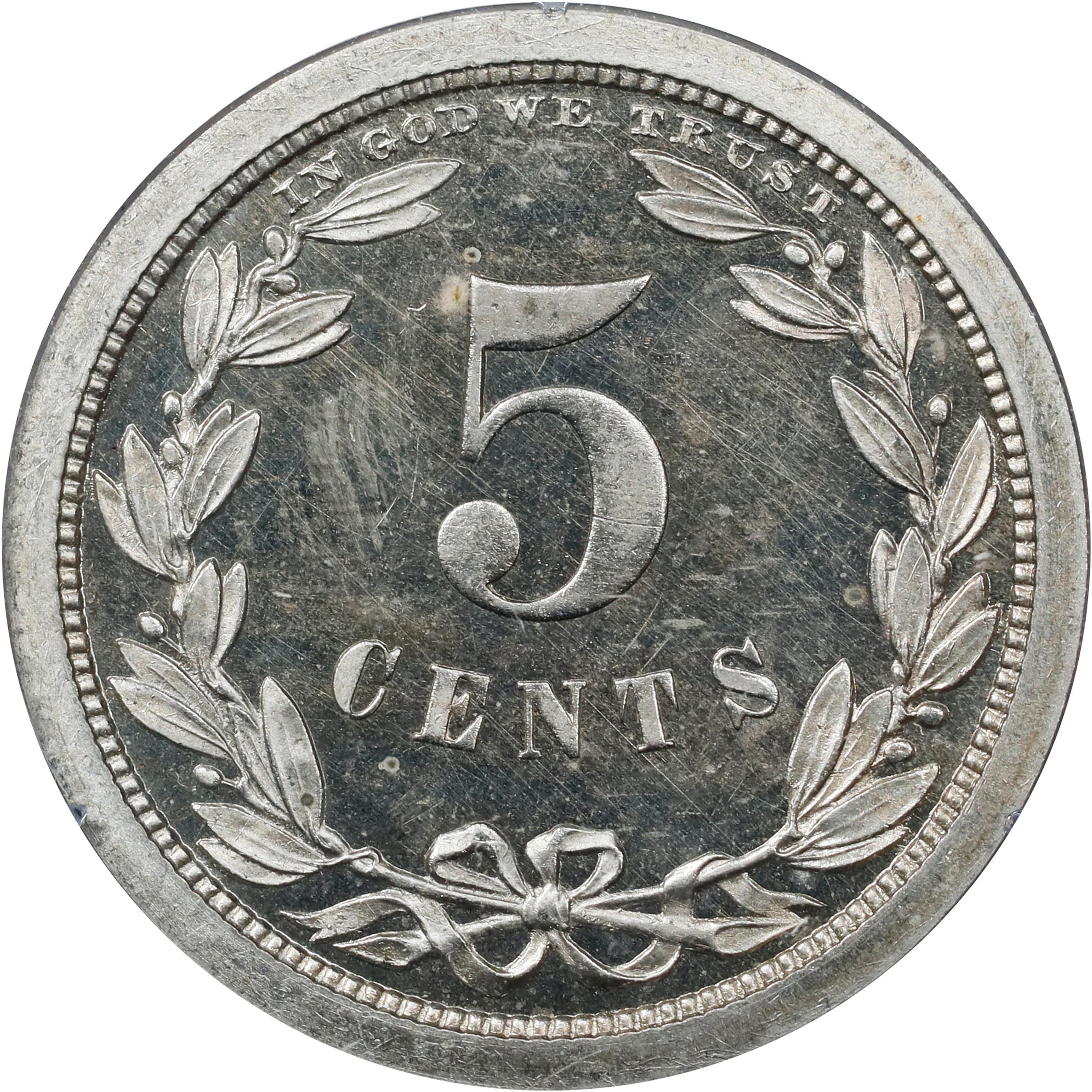 image for: 1868 Pattern Five Cents. Judd-623, Pollock-692. Rarity-6-. Nickel. Plain Edge. Regular Planchet. Proof-64 (PCGS). CAC. OGH Rattler.