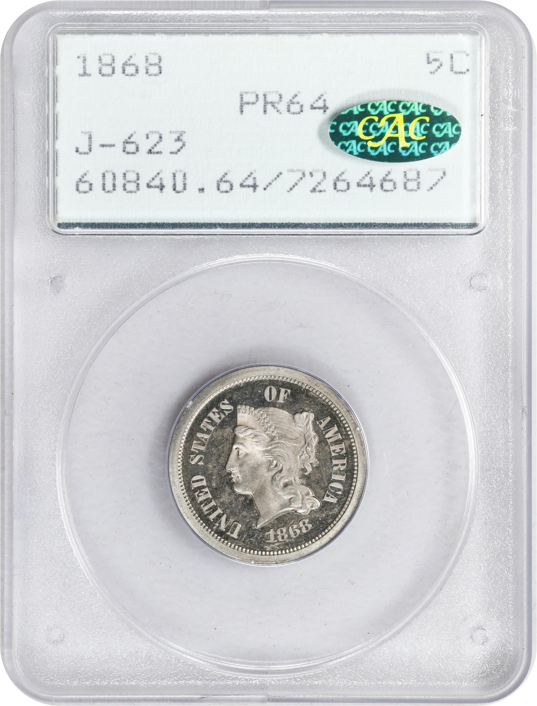 image for: 1868 Pattern Five Cents. Judd-623, Pollock-692. Rarity-6-. Nickel. Plain Edge. Regular Planchet. Proof-64 (PCGS). CAC. OGH Rattler.