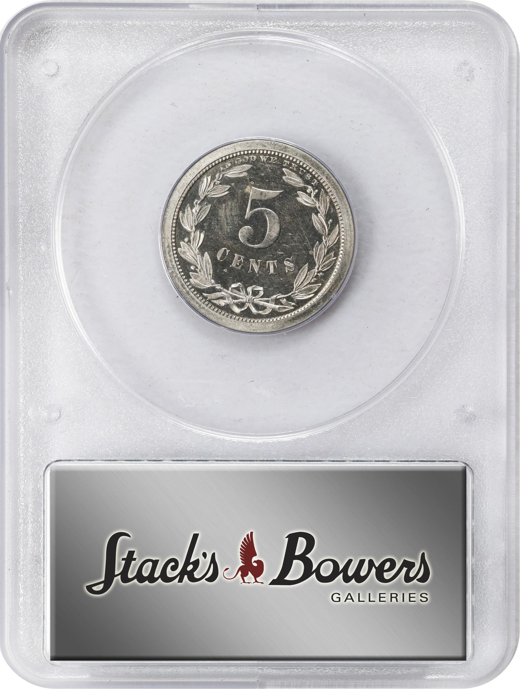 image for: 1868 Pattern Five Cents. Judd-623, Pollock-692. Rarity-6-. Nickel. Plain Edge. Regular Planchet. Proof-64 (PCGS). CAC. OGH Rattler.