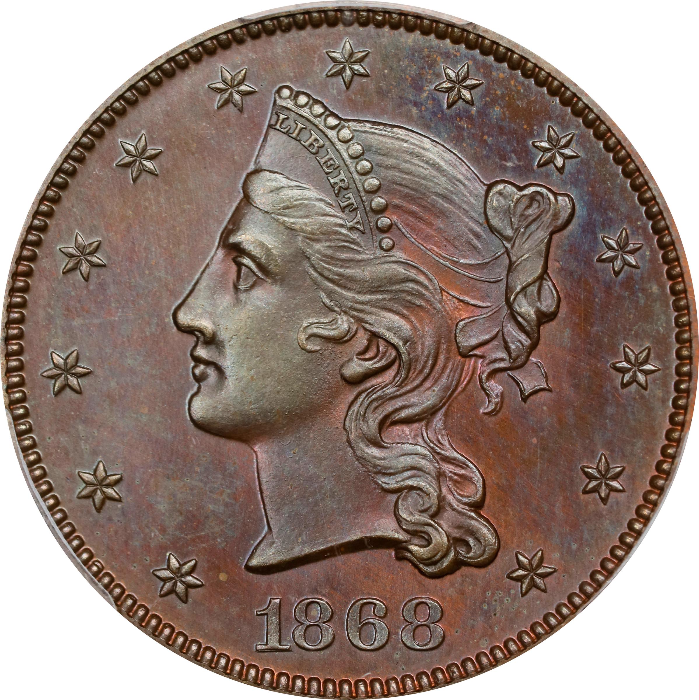 image for: 1868 Pattern Eagle. Judd-662, Pollock-735. Rarity-7-. Copper. Reeded Edge. Proof-64 BN (PCGS).