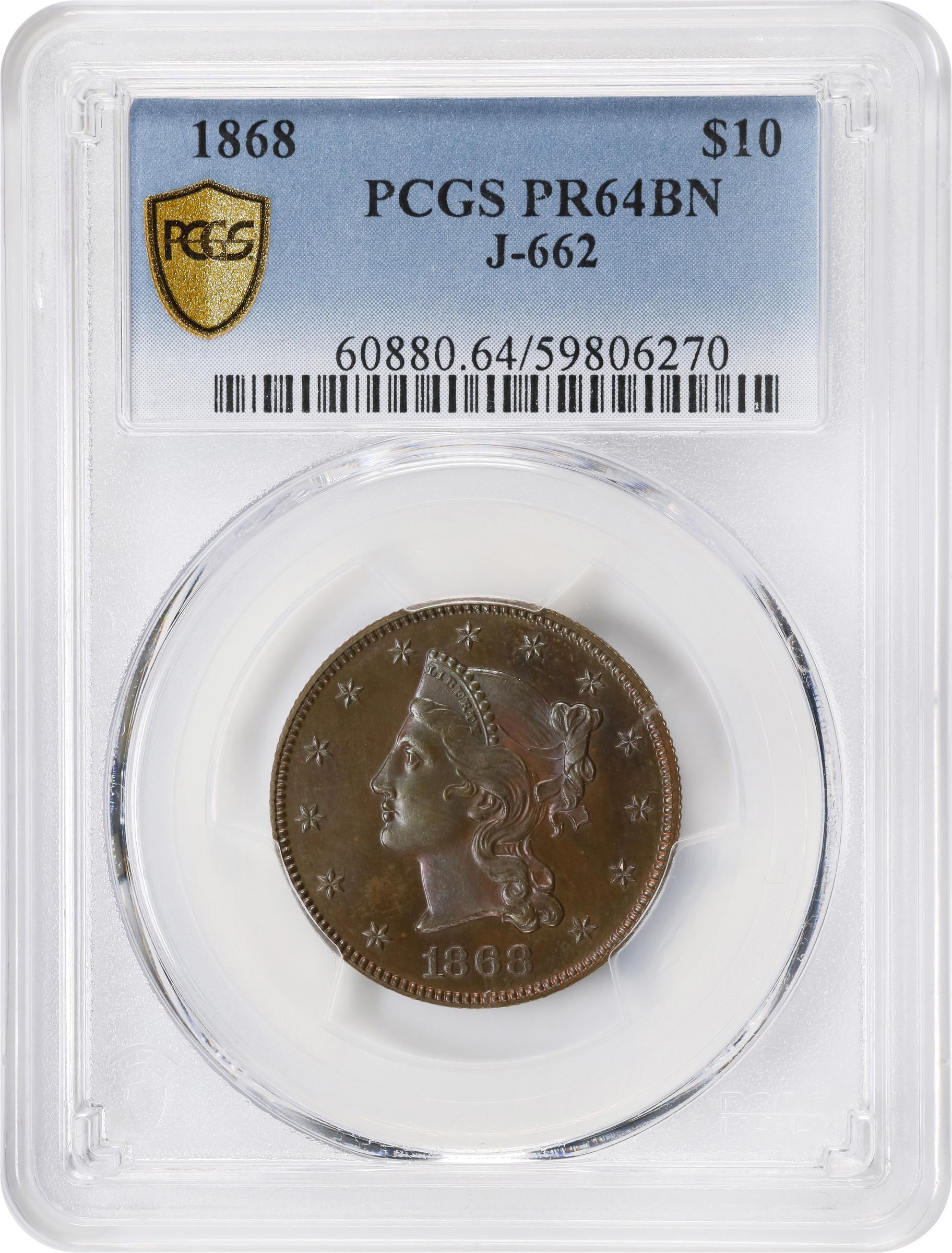 image for: 1868 Pattern Eagle. Judd-662, Pollock-735. Rarity-7-. Copper. Reeded Edge. Proof-64 BN (PCGS).