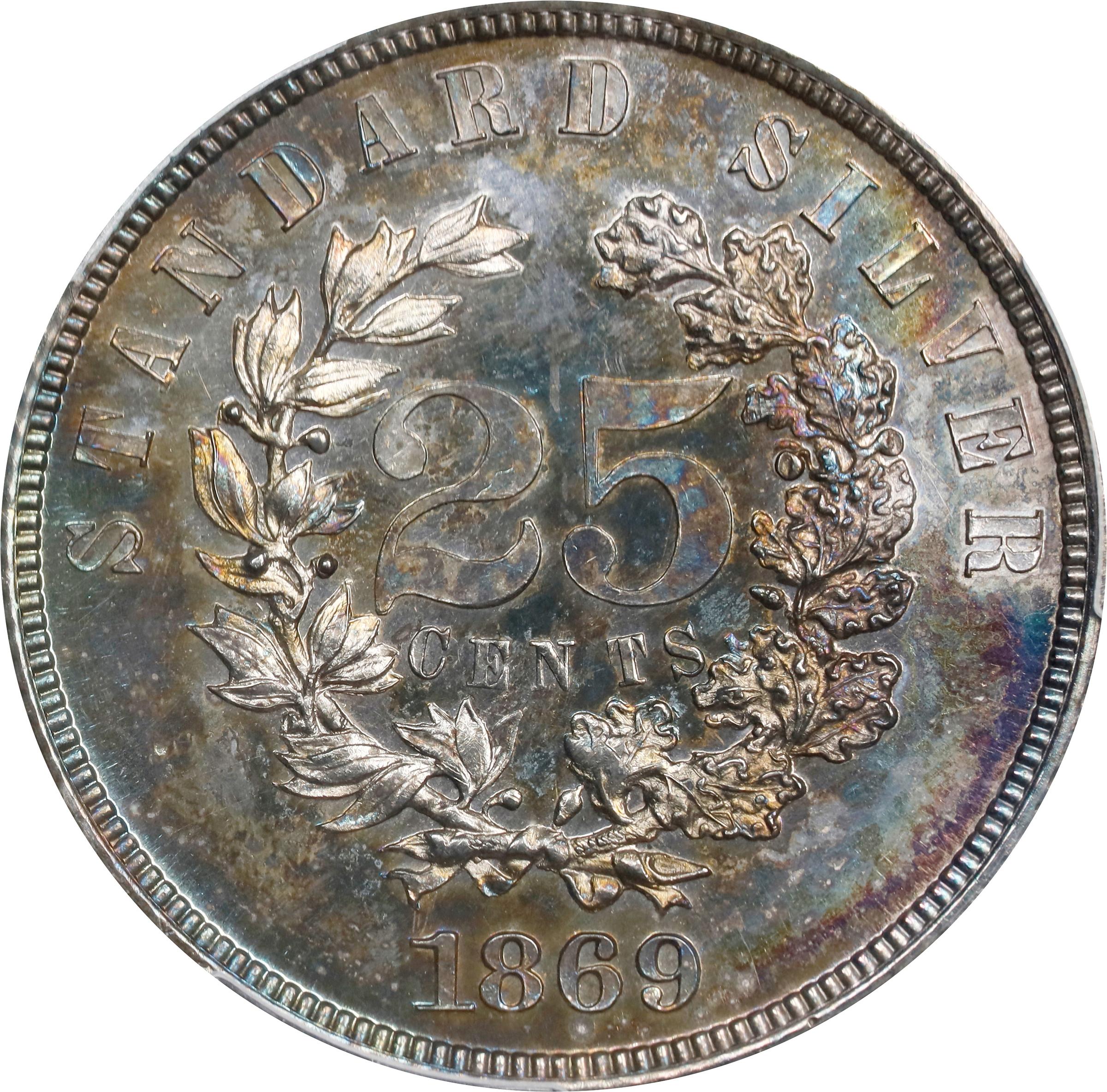 image for: 1869 Pattern Quarter Dollar. Judd-733, Pollock-814. Rarity-5. Silver. Reeded Edge. Proof-64 (PCGS).