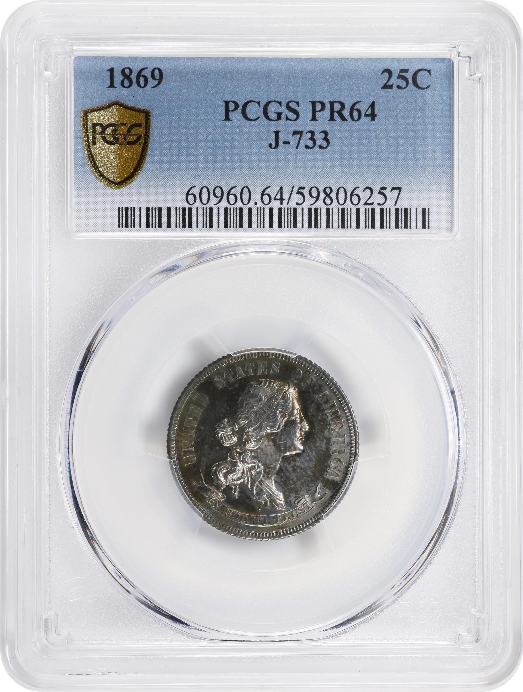 image for: 1869 Pattern Quarter Dollar. Judd-733, Pollock-814. Rarity-5. Silver. Reeded Edge. Proof-64 (PCGS).