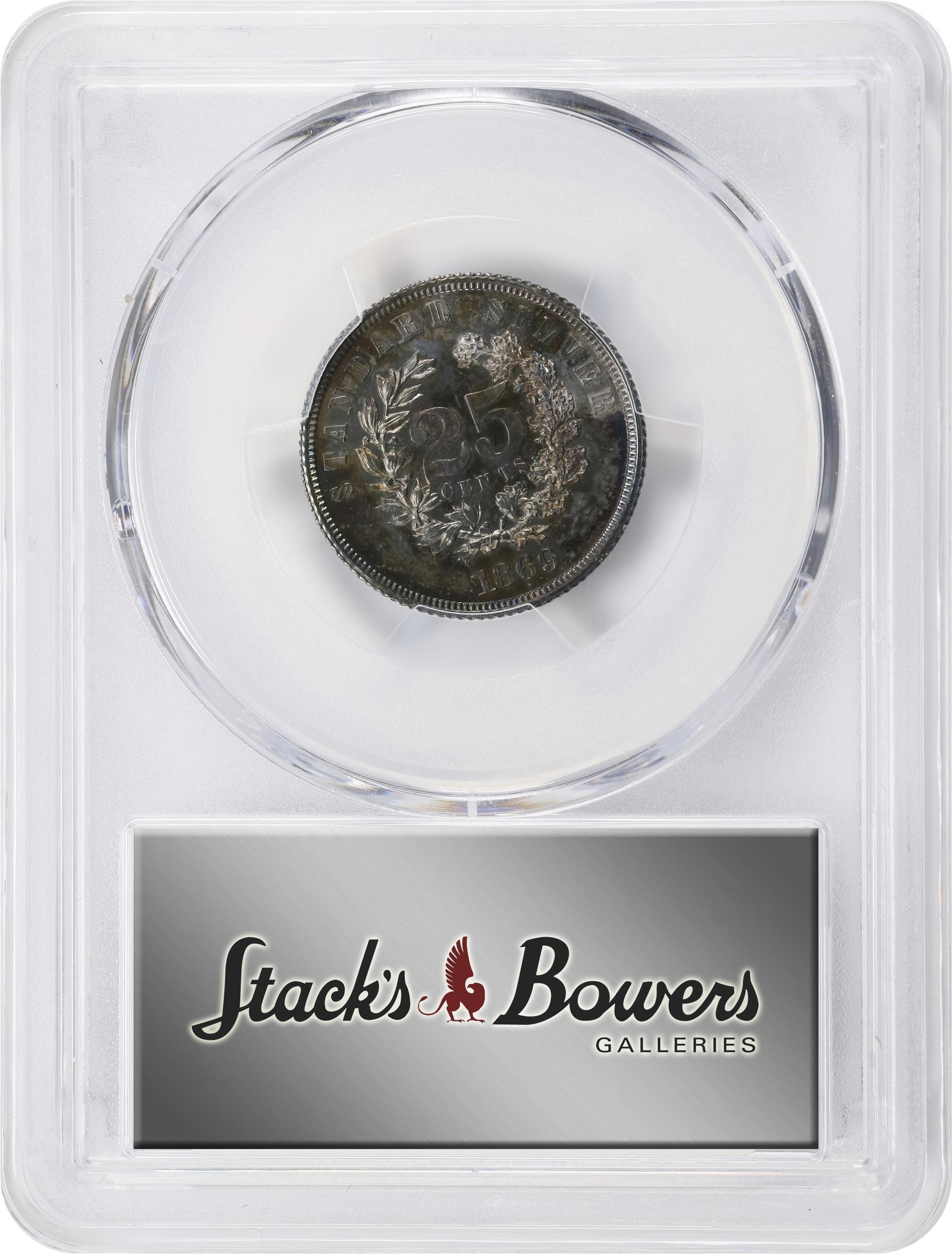 image for: 1869 Pattern Quarter Dollar. Judd-733, Pollock-814. Rarity-5. Silver. Reeded Edge. Proof-64 (PCGS).