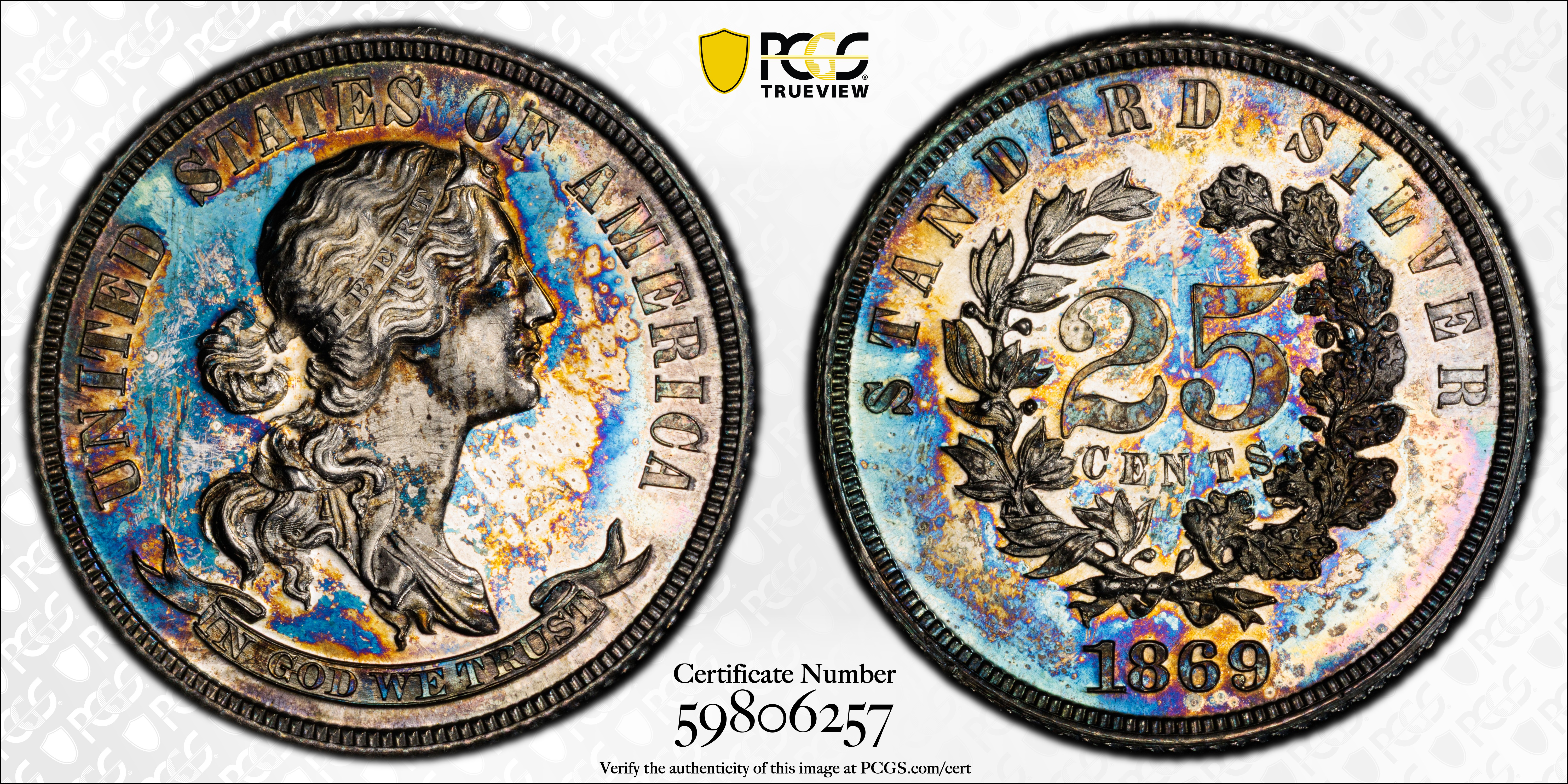 image for: 1869 Pattern Quarter Dollar. Judd-733, Pollock-814. Rarity-5. Silver. Reeded Edge. Proof-64 (PCGS).