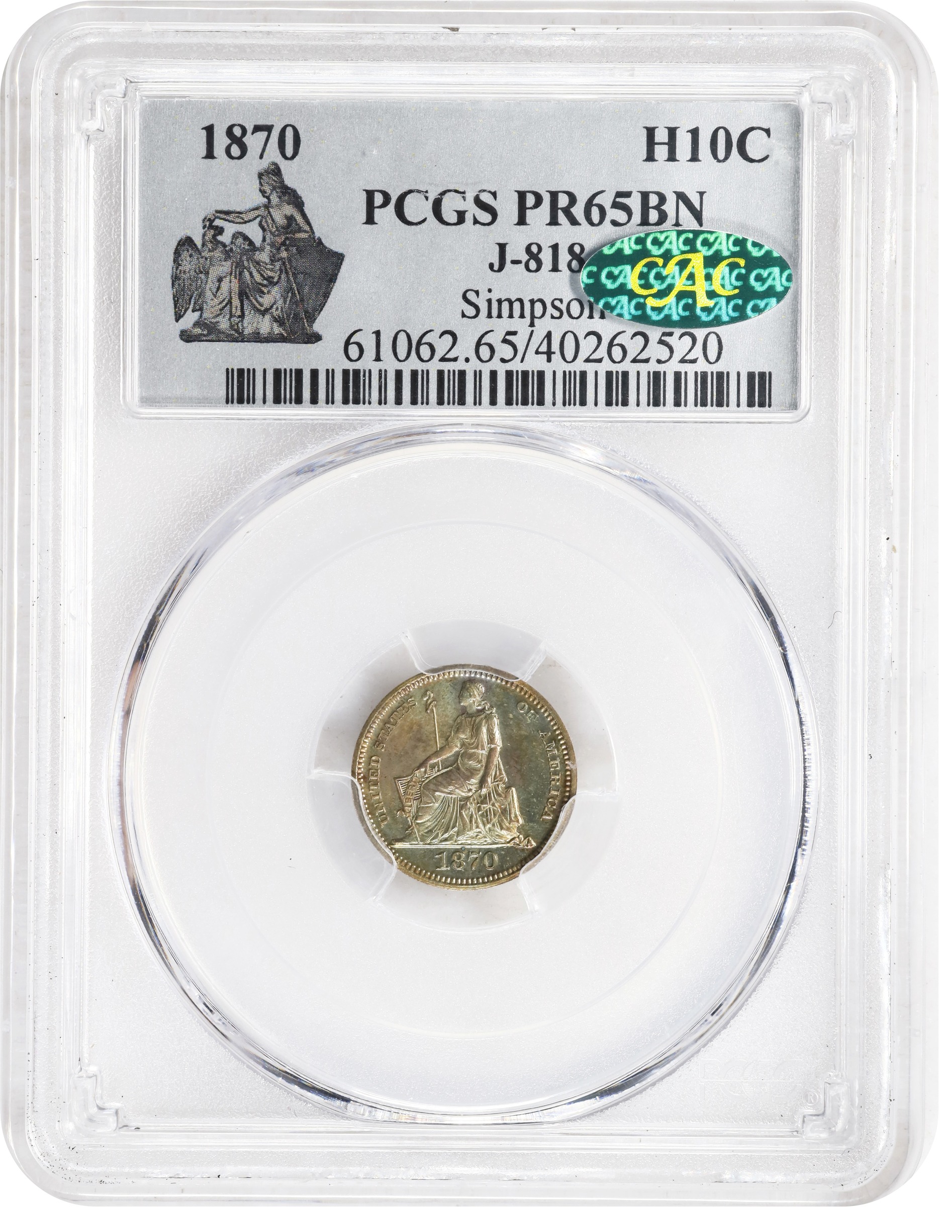 image for: 1870 Pattern Half Dime. Judd-818, Pollock-907. Rarity-7-. Copper. Plain Edge. Proof-65 BN (PCGS). CAC.