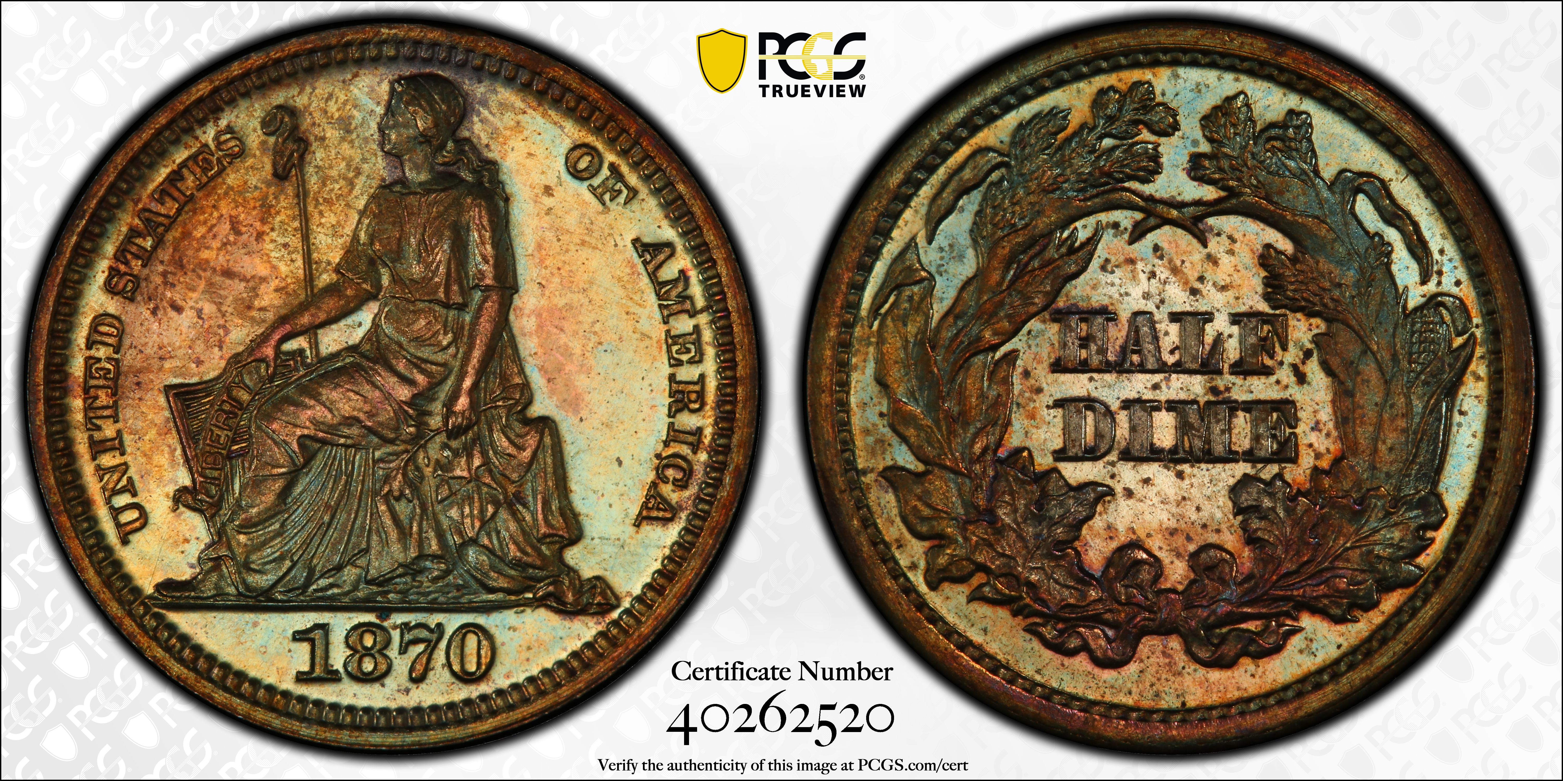 image for: 1870 Pattern Half Dime. Judd-818, Pollock-907. Rarity-7-. Copper. Plain Edge. Proof-65 BN (PCGS). CAC.