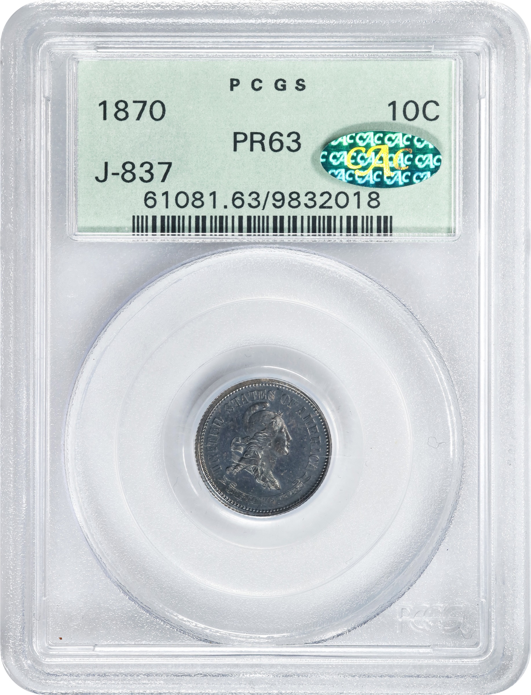 image for: 1870 Pattern Dime. Judd-837, Pollock-928. Rarity-5. Silver. Reeded Edge. Proof-63 (PCGS). CAC. OGH.