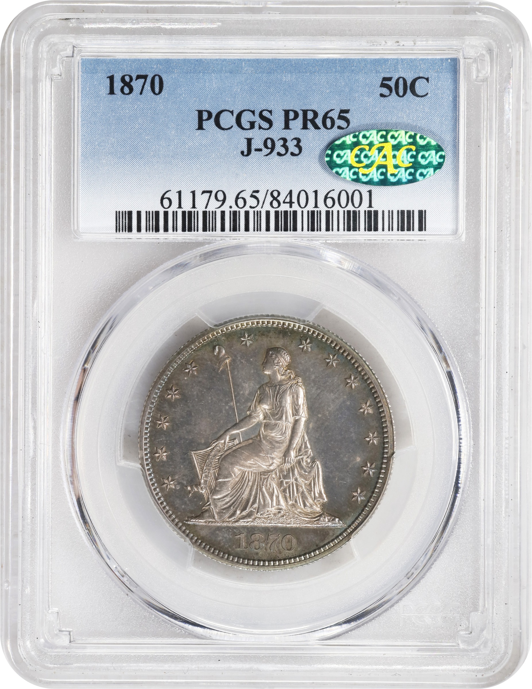 image for: 1870 Pattern Half Dollar. Judd-933, Pollock-1039. Rarity-7-. Silver. Reeded Edge. Proof-65 (PCGS). CAC.