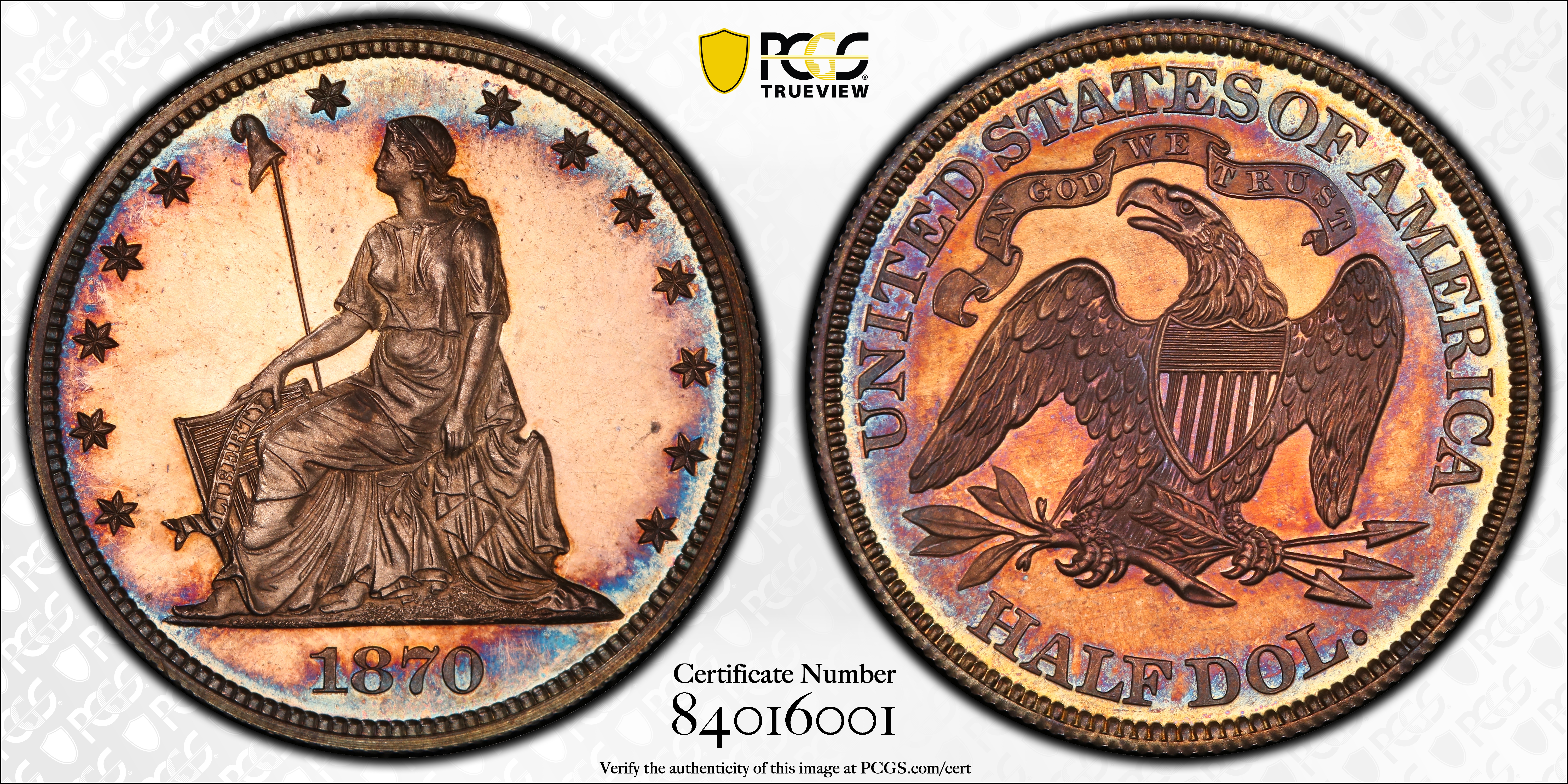 image for: 1870 Pattern Half Dollar. Judd-933, Pollock-1039. Rarity-7-. Silver. Reeded Edge. Proof-65 (PCGS). CAC.
