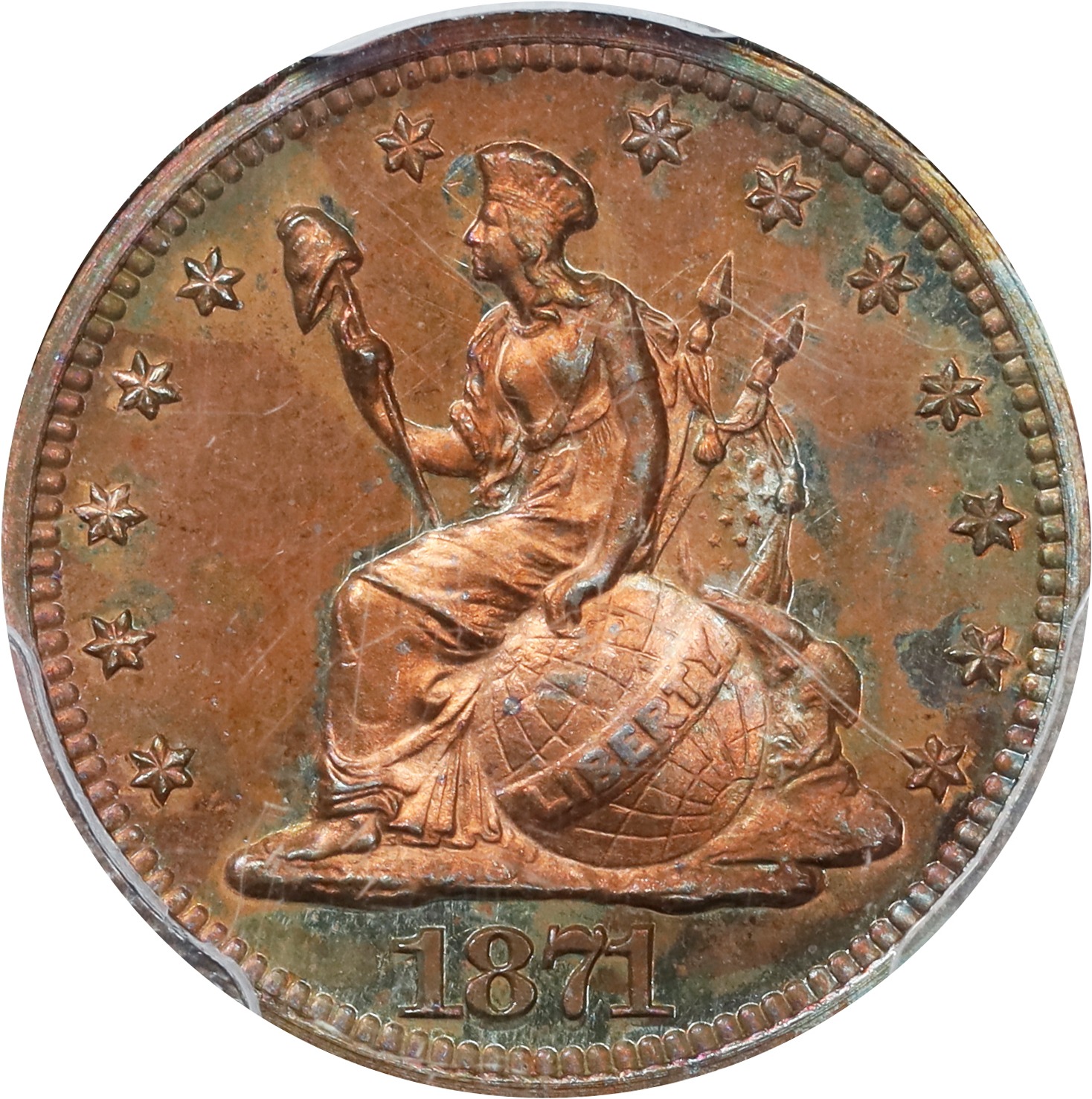 image for: 1871 Pattern Half Dime. Judd-1066, Pollock-1201. Rarity-7-. Copper. Reeded Edge. Proof-66+ RB (PCGS).