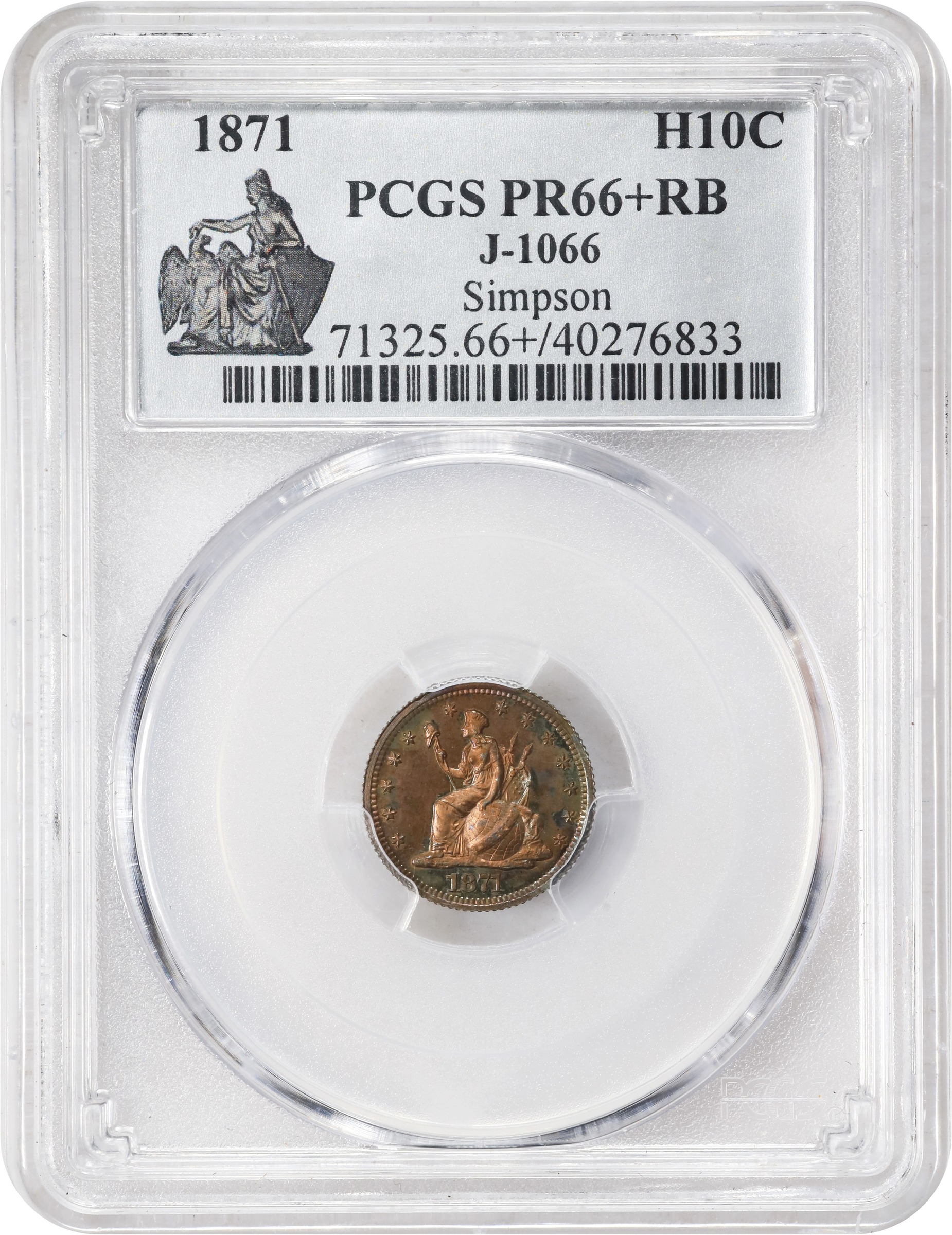 image for: 1871 Pattern Half Dime. Judd-1066, Pollock-1201. Rarity-7-. Copper. Reeded Edge. Proof-66+ RB (PCGS).