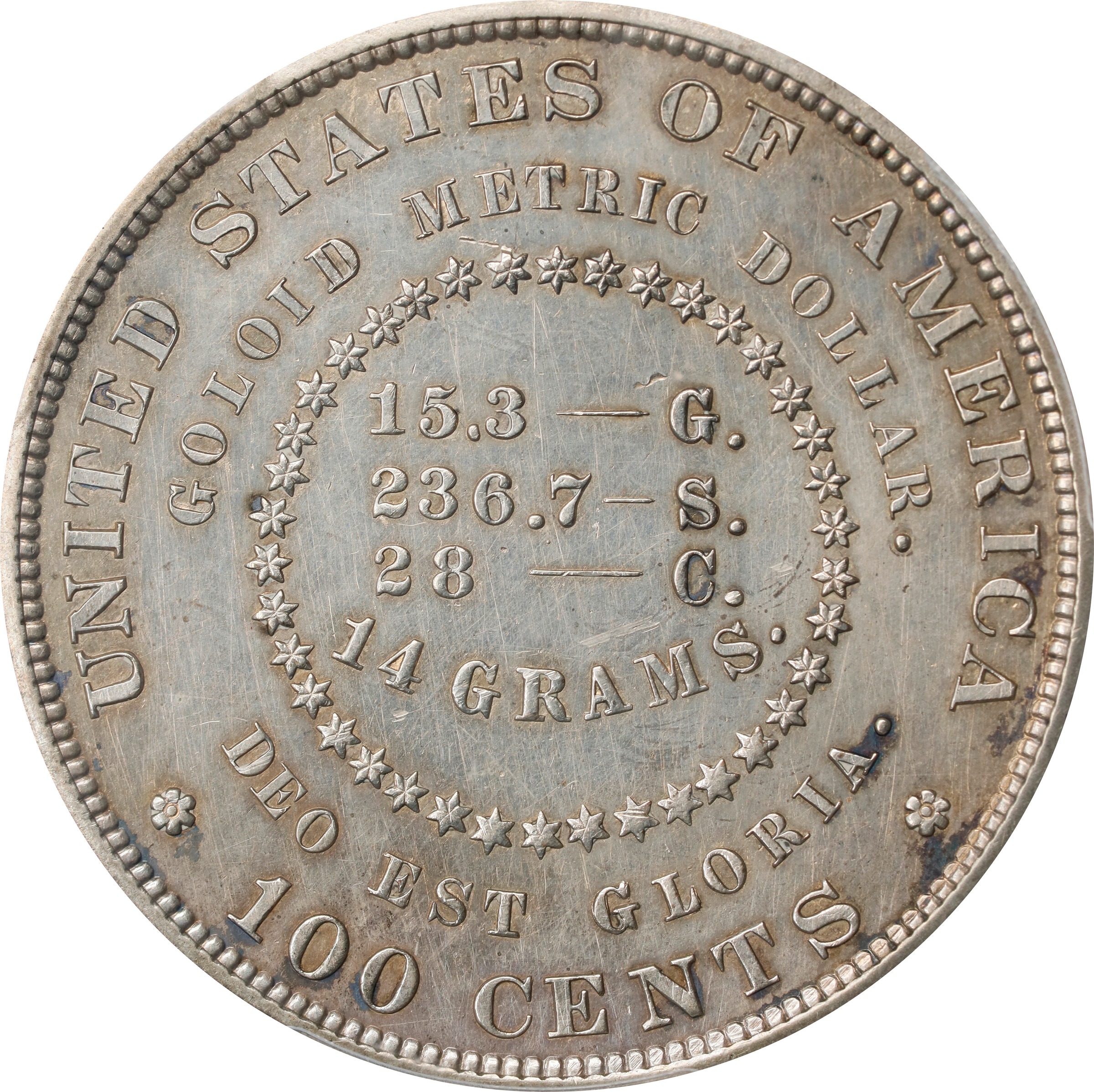 image for: 1879 Pattern Goloid Metric Dollar. Judd-1626, Pollock-1822. Rarity-4. Goloid Alloy (5.46% Gold, 84.54% Silver, 10.00% Copper). Reeded Edge. Proof-61 (PCGS).