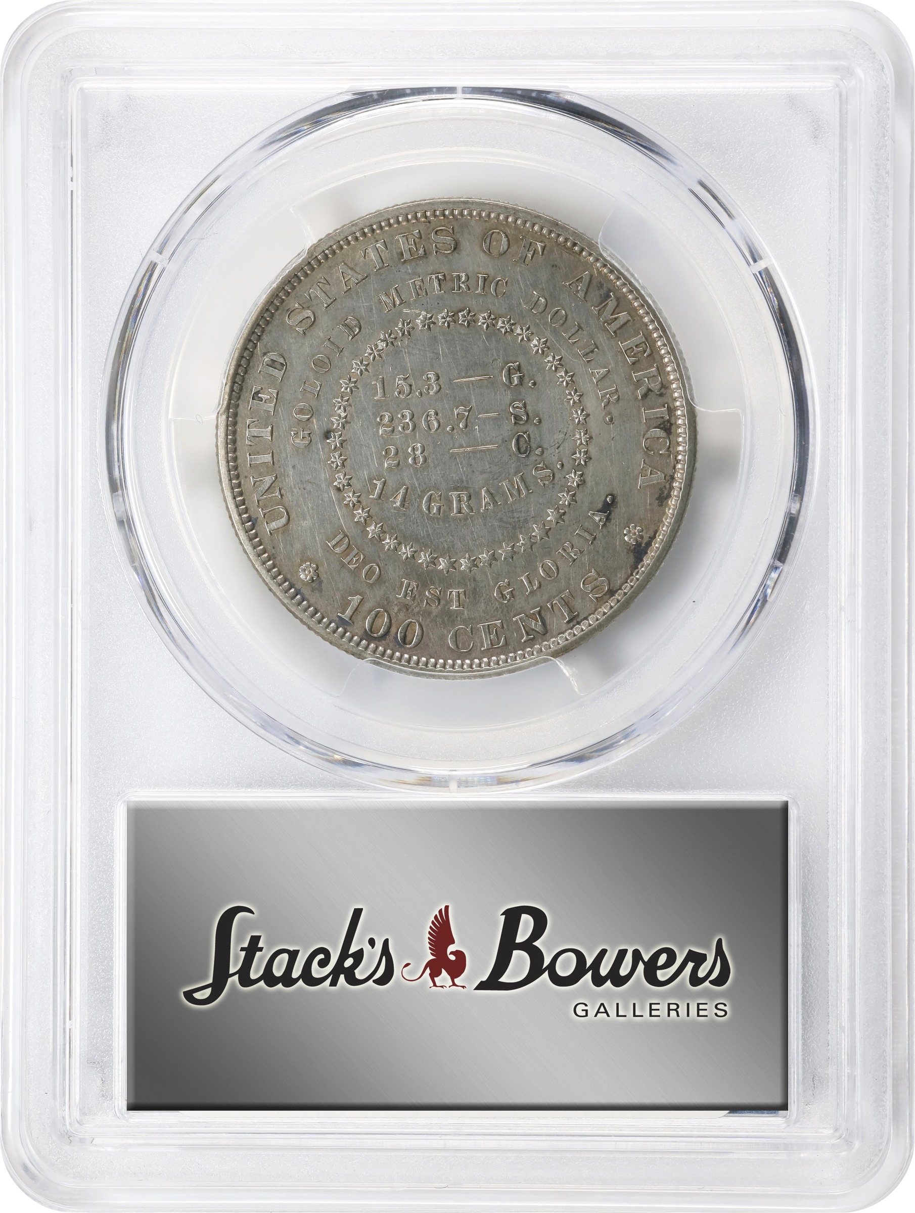 image for: 1879 Pattern Goloid Metric Dollar. Judd-1626, Pollock-1822. Rarity-4. Goloid Alloy (5.46% Gold, 84.54% Silver, 10.00% Copper). Reeded Edge. Proof-61 (PCGS).