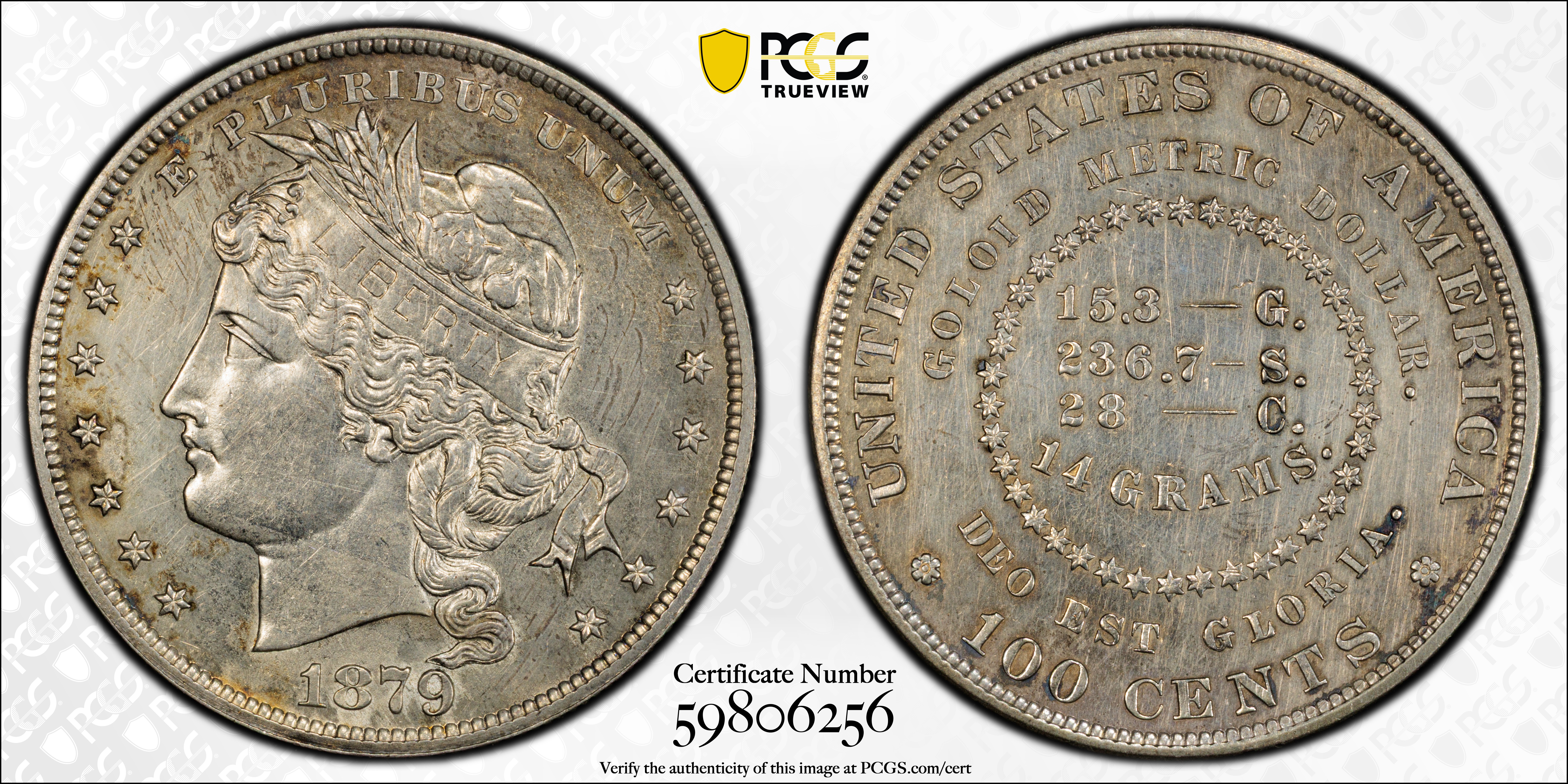 image for: 1879 Pattern Goloid Metric Dollar. Judd-1626, Pollock-1822. Rarity-4. Goloid Alloy (5.46% Gold, 84.54% Silver, 10.00% Copper). Reeded Edge. Proof-61 (PCGS).