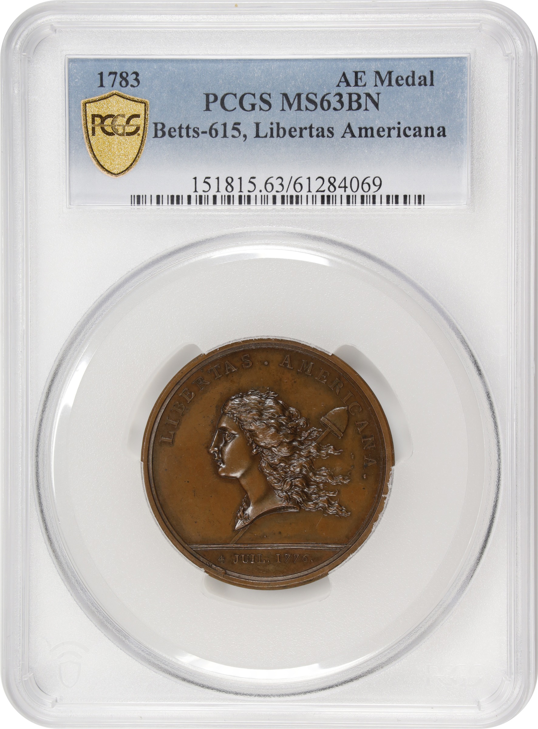 image for: "1781" (1783) Libertas Americana Medal. Original. Paris Mint. By Augustin Dupre. Betts-615, Adams-Bentley 15. Bronze. MS-63 BN (PCGS).