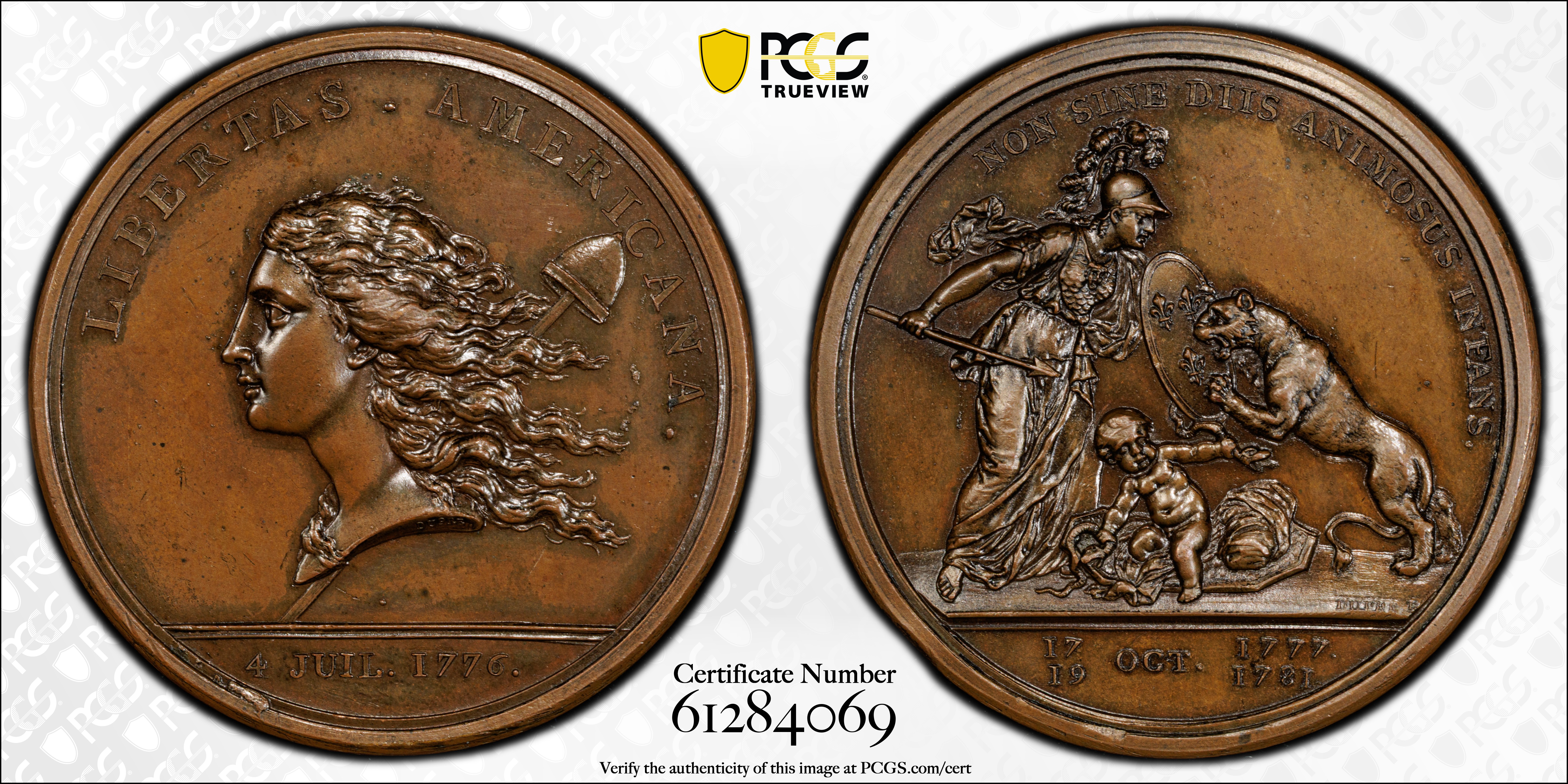 image for: "1781" (1783) Libertas Americana Medal. Original. Paris Mint. By Augustin Dupre. Betts-615, Adams-Bentley 15. Bronze. MS-63 BN (PCGS).