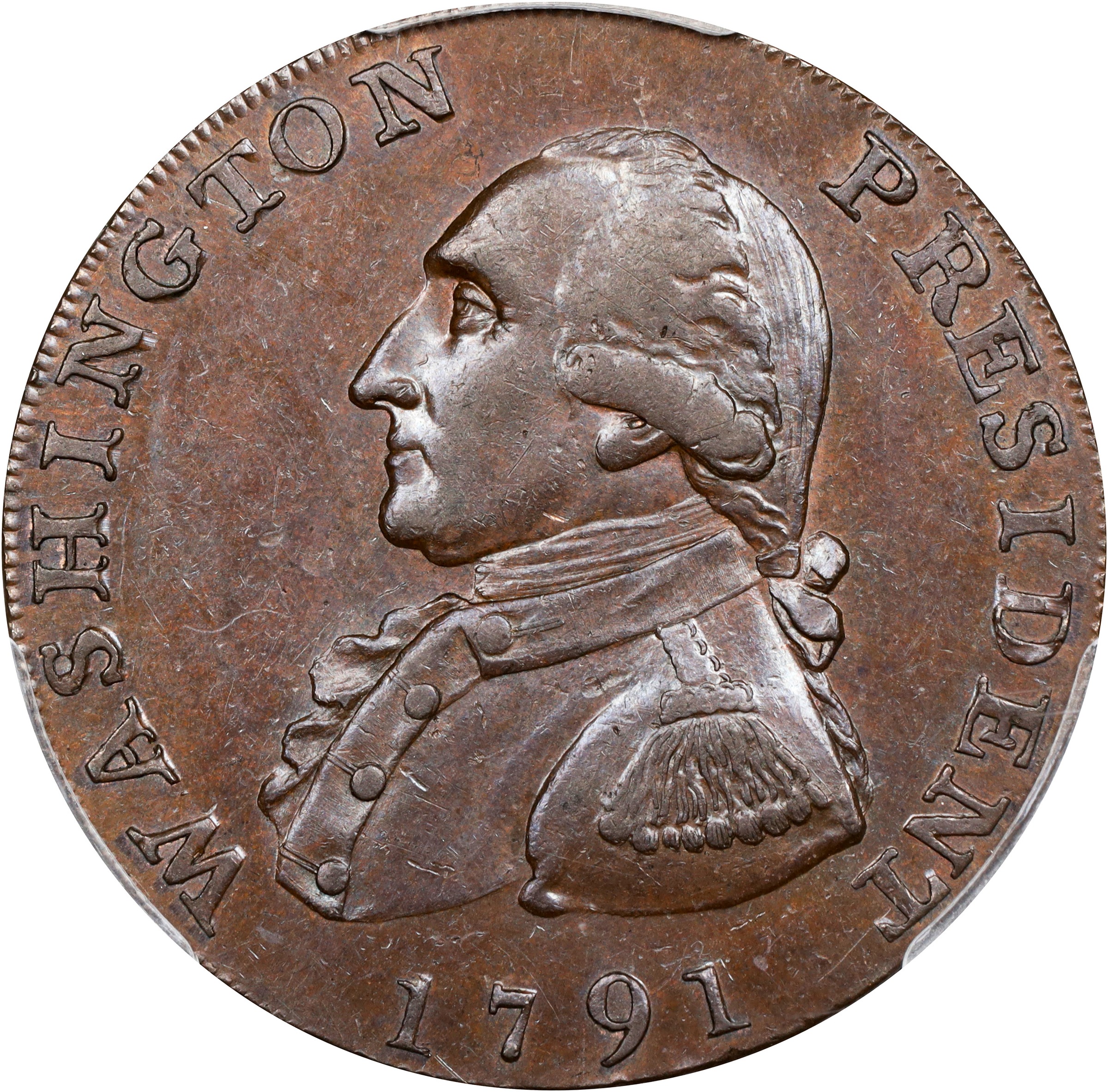 image for: 1791 Washington Large Eagle Cent. Musante GW-15, Baker-15, W-10610. Lettered Edge, UNITED STATES OF AMERICA. AU-58+ (PCGS).