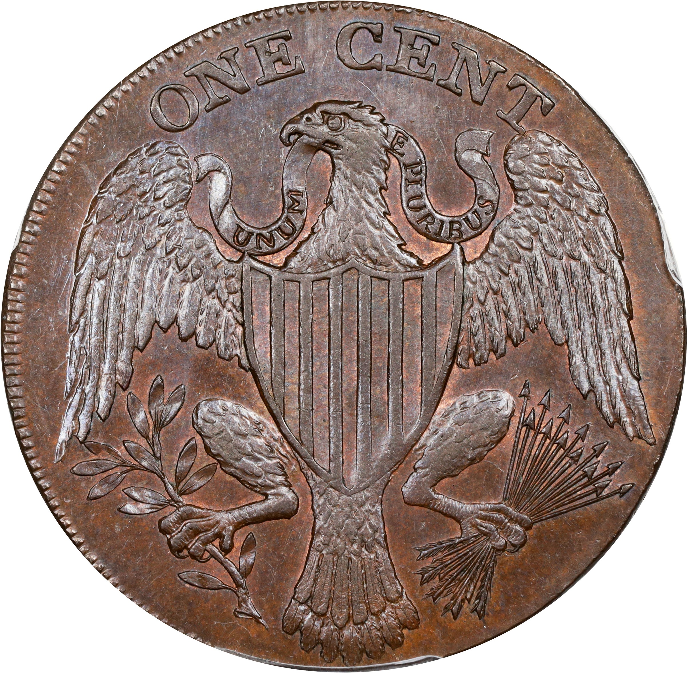 image for: 1791 Washington Large Eagle Cent. Musante GW-15, Baker-15, W-10610. Lettered Edge, UNITED STATES OF AMERICA. AU-58+ (PCGS).