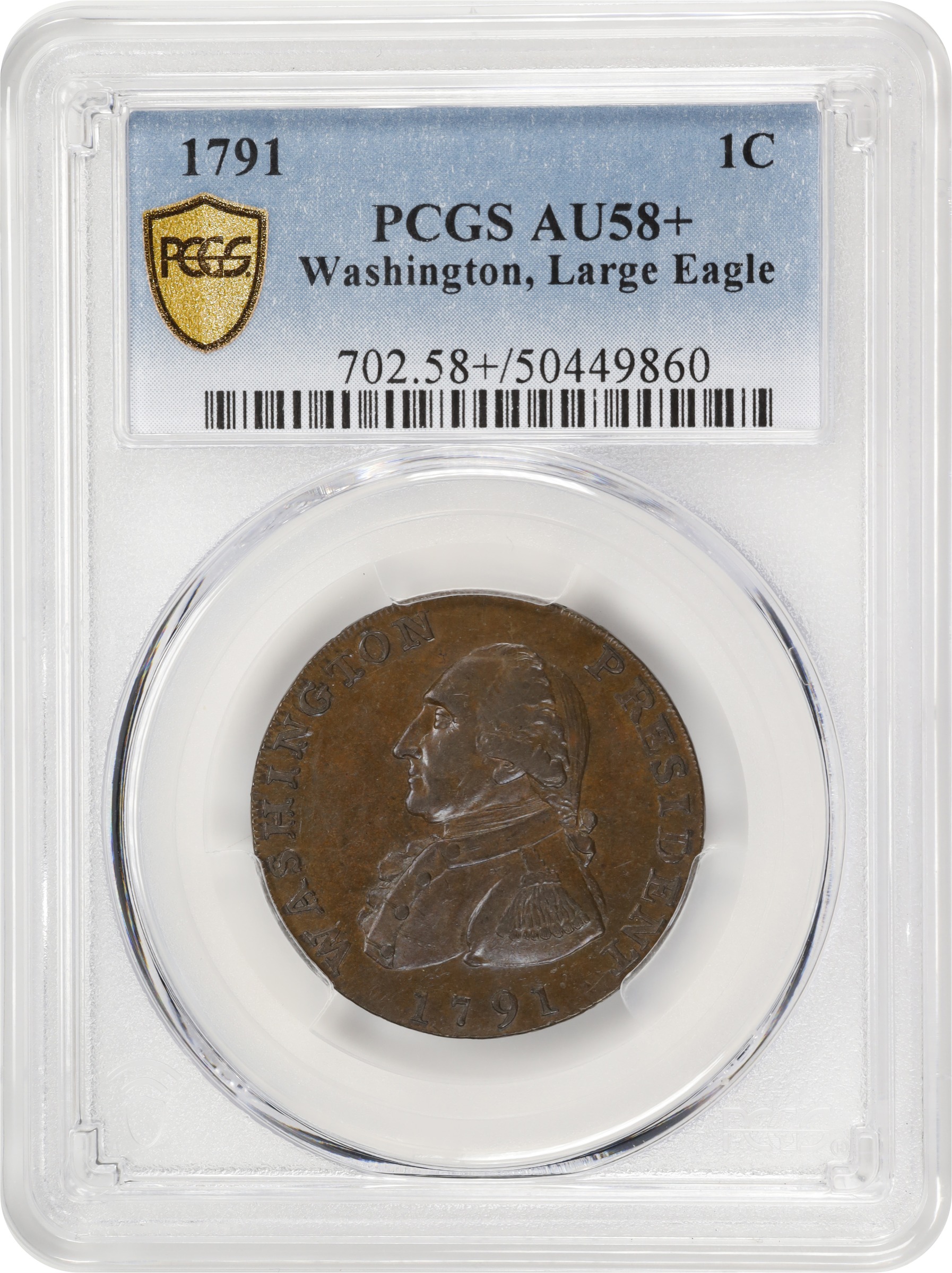 image for: 1791 Washington Large Eagle Cent. Musante GW-15, Baker-15, W-10610. Lettered Edge, UNITED STATES OF AMERICA. AU-58+ (PCGS).