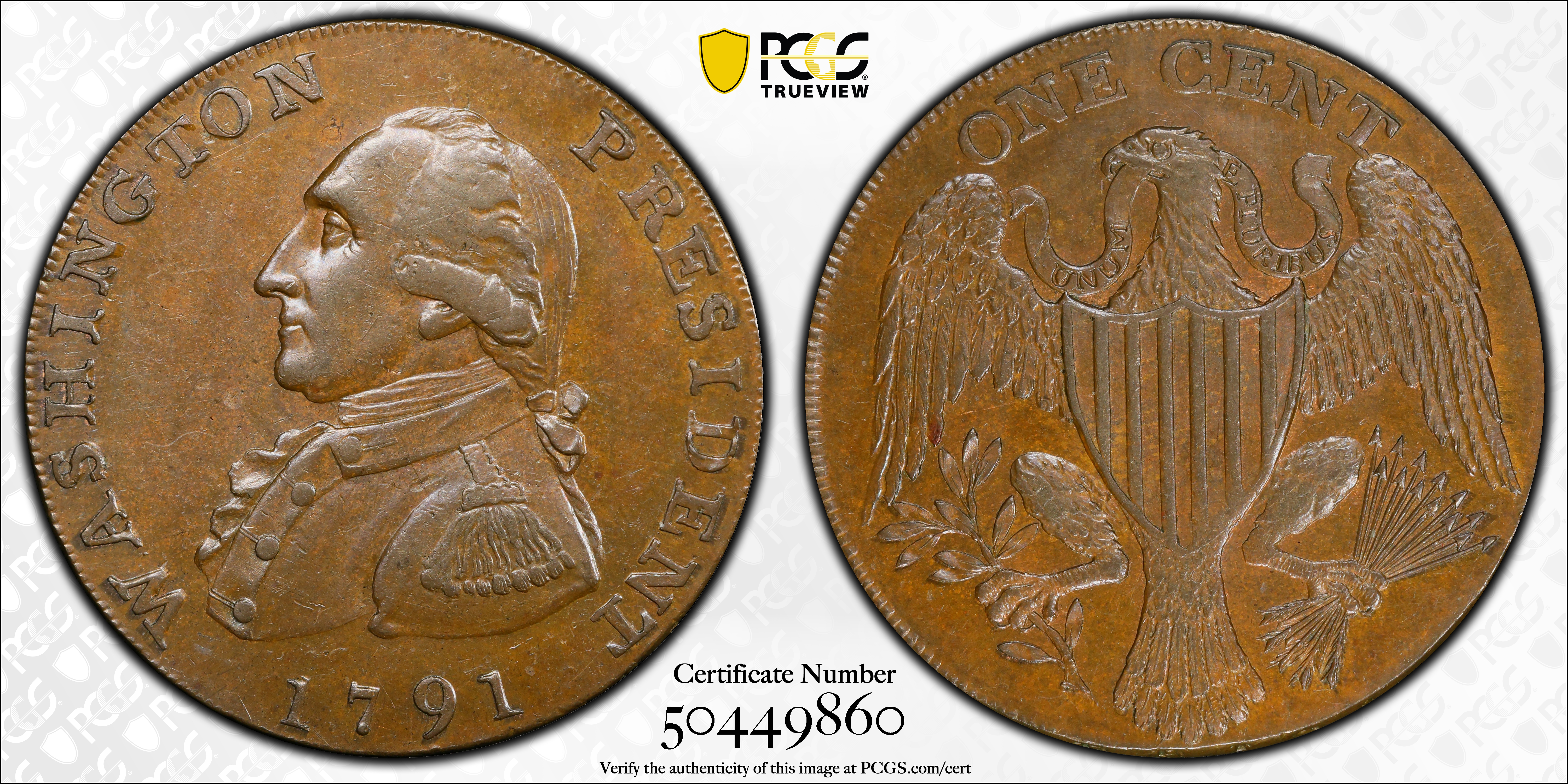 image for: 1791 Washington Large Eagle Cent. Musante GW-15, Baker-15, W-10610. Lettered Edge, UNITED STATES OF AMERICA. AU-58+ (PCGS).