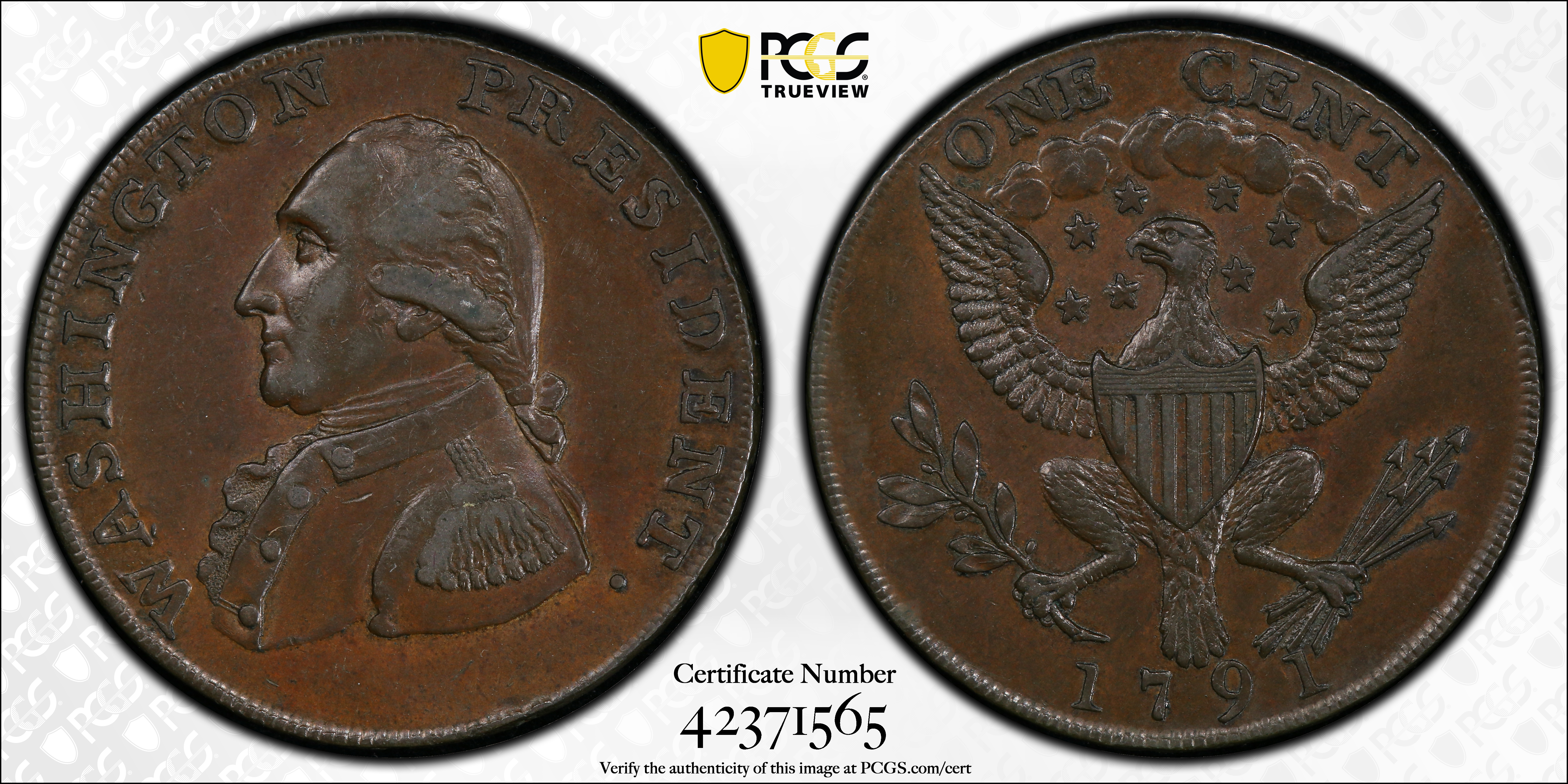 image for: 1791 Washington Small Eagle Cent. Musante GW-17, Baker-16, W-10630. Copper. Lettered Edge, UNITED STATES OF AMERICA. AU-55 (PCGS).