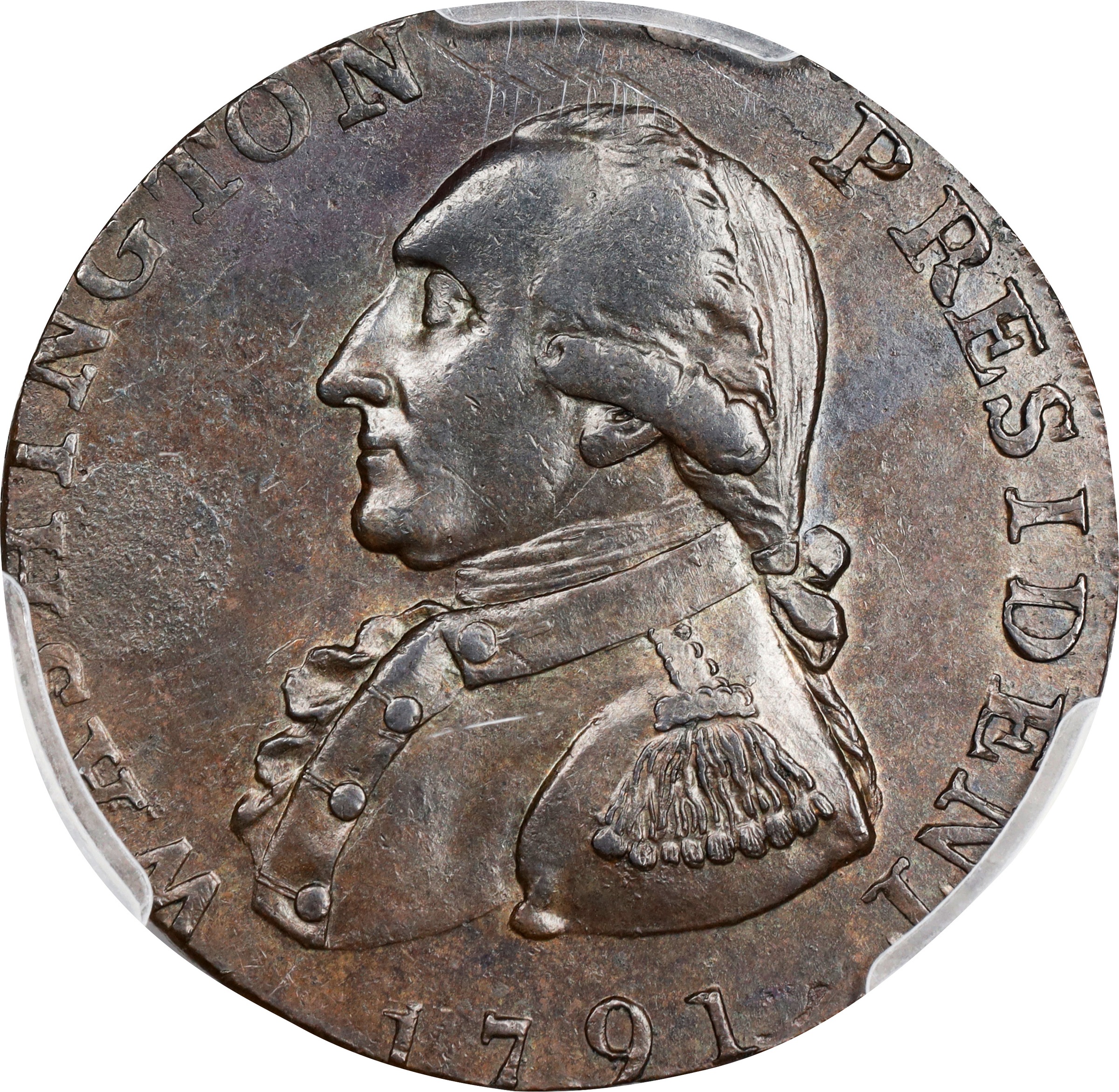 image for: 1791 Washington Liverpool Halfpenny. Musante GW-19, Baker-17, W-10650. Copper. Lettered Edge. AU-55 (PCGS).