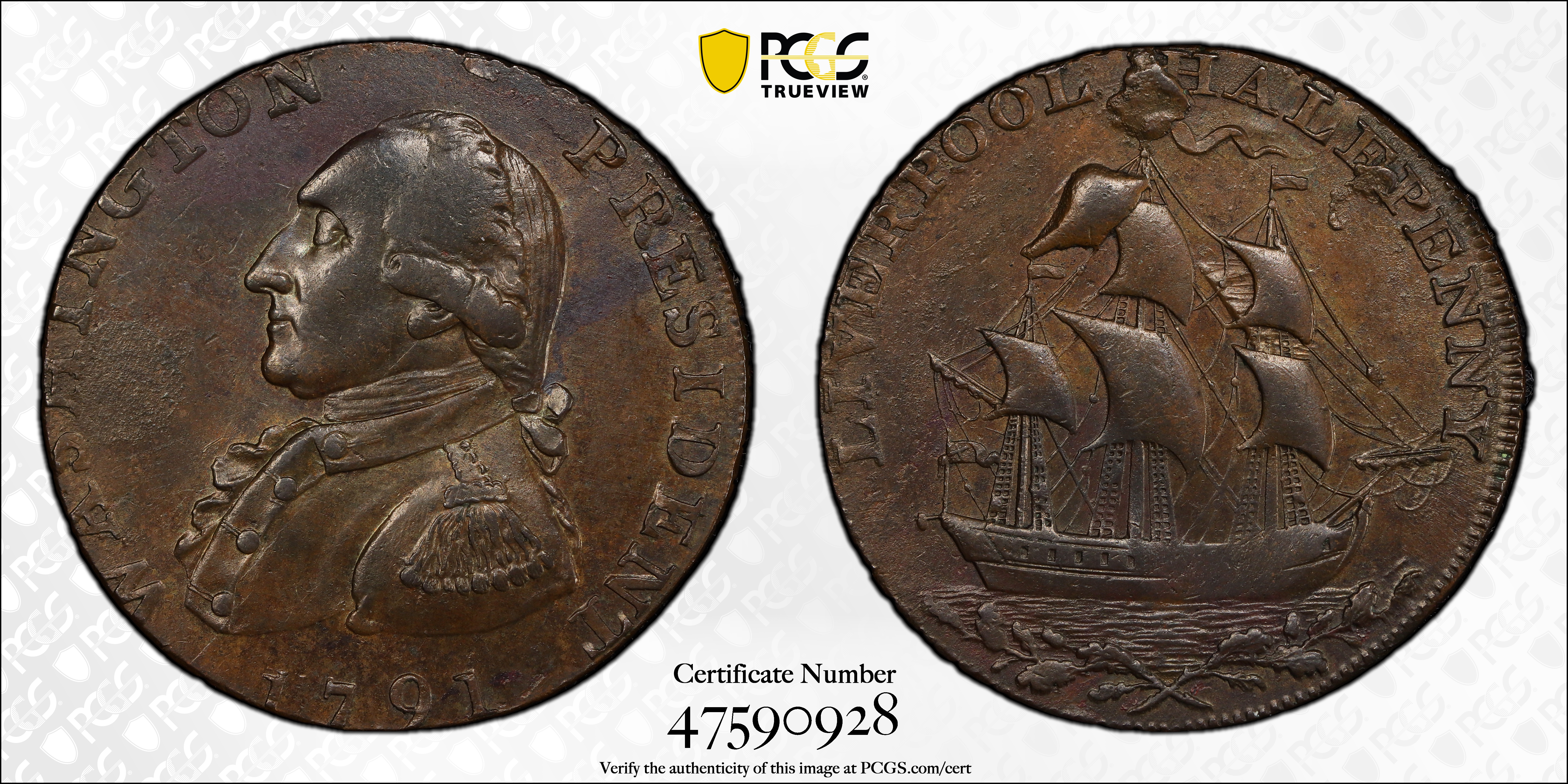 image for: 1791 Washington Liverpool Halfpenny. Musante GW-19, Baker-17, W-10650. Copper. Lettered Edge. AU-55 (PCGS).