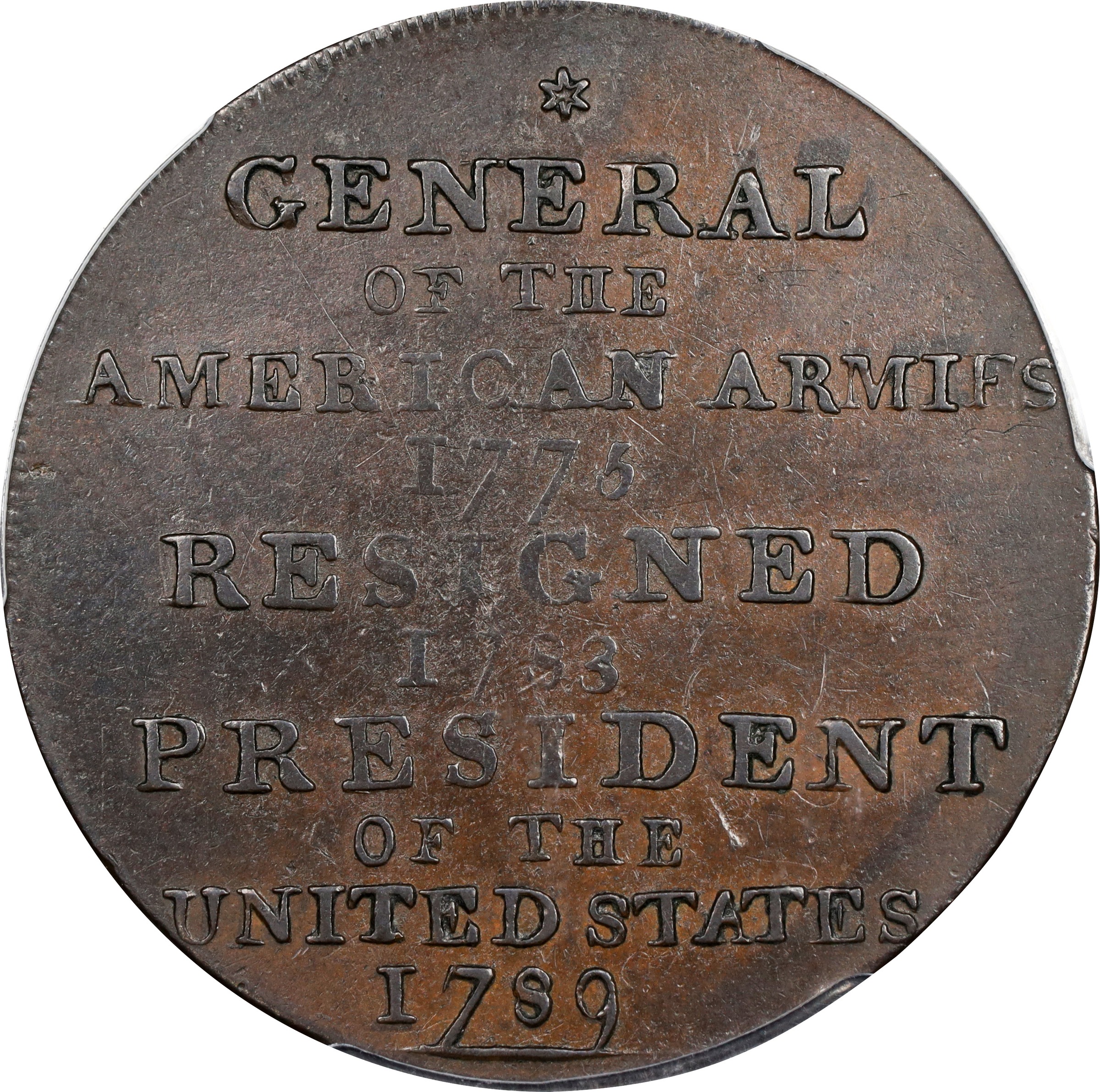 image for: "1789" (ca. 1792) Washington Born Virginia Copper. Legend Reverse. Musante GW-33, Baker-60, W-10730. Second Reverse. Copper. Plain Edge. EF-40 (PCGS).