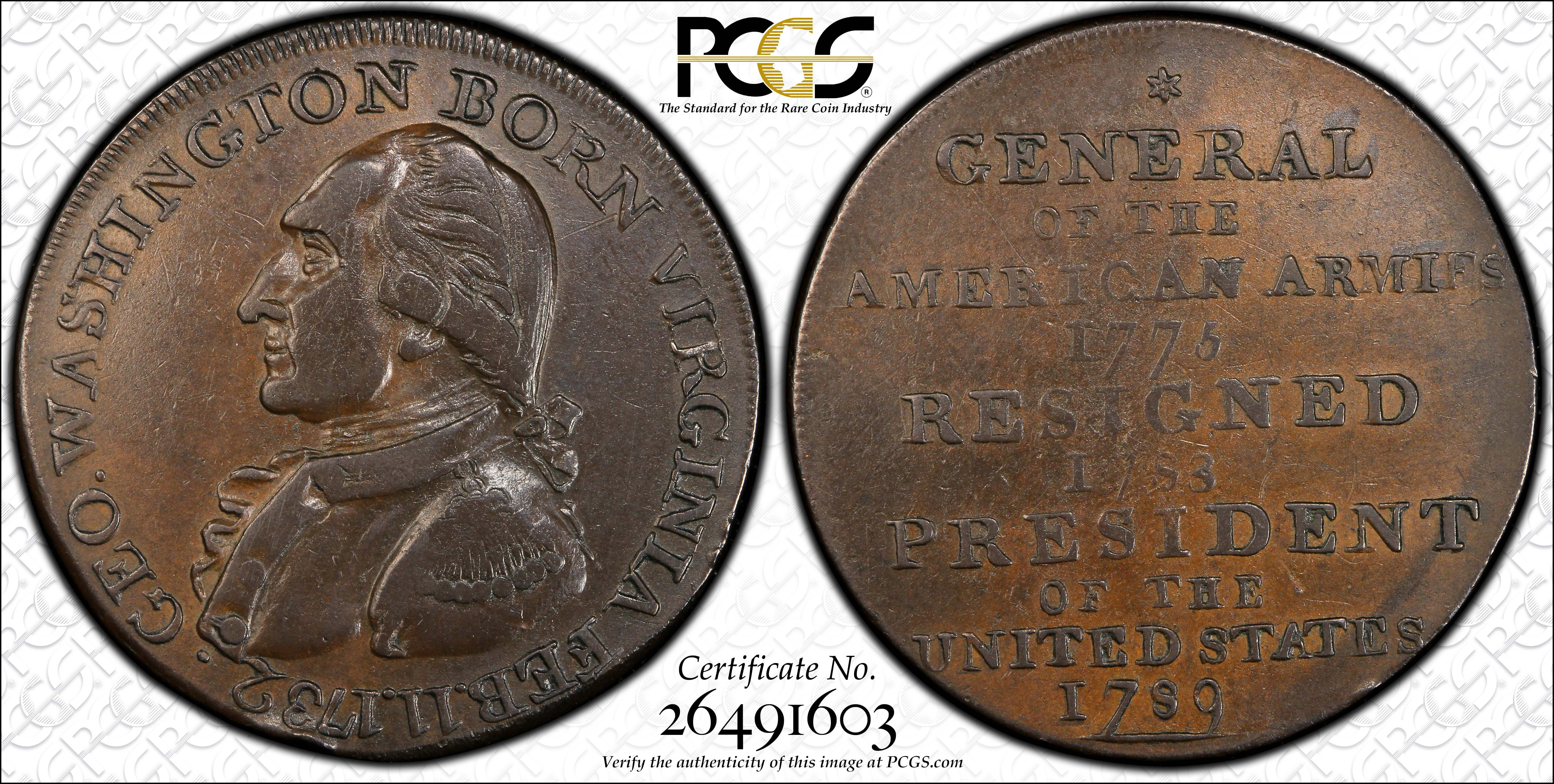image for: "1789" (ca. 1792) Washington Born Virginia Copper. Legend Reverse. Musante GW-33, Baker-60, W-10730. Second Reverse. Copper. Plain Edge. EF-40 (PCGS).