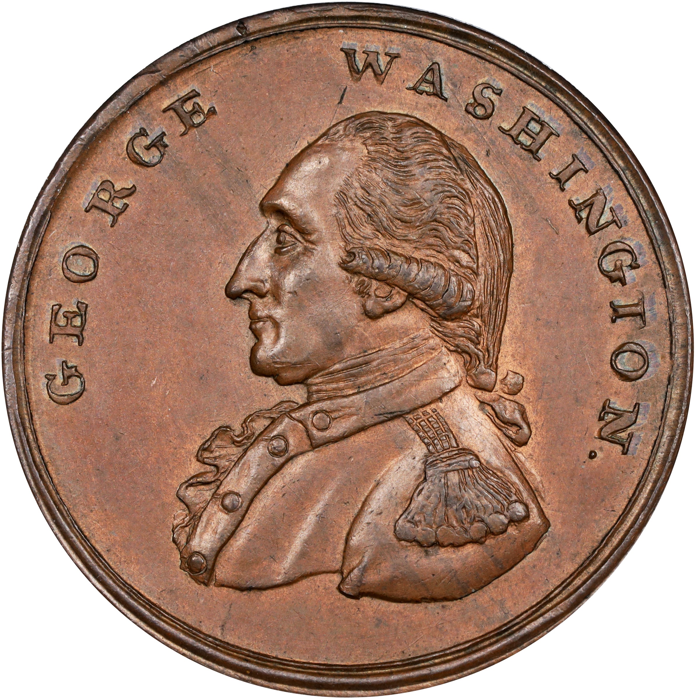 image for: Undated (ca. 1795) Washington Liberty and Security Penny. Musante GW-45, Baker-30, W-11050. Copper. Lettered Edge, AN ASYLUM FOR THE OPPRESSED OF ALL NATIONS. MS-65 BN (PCGS).
