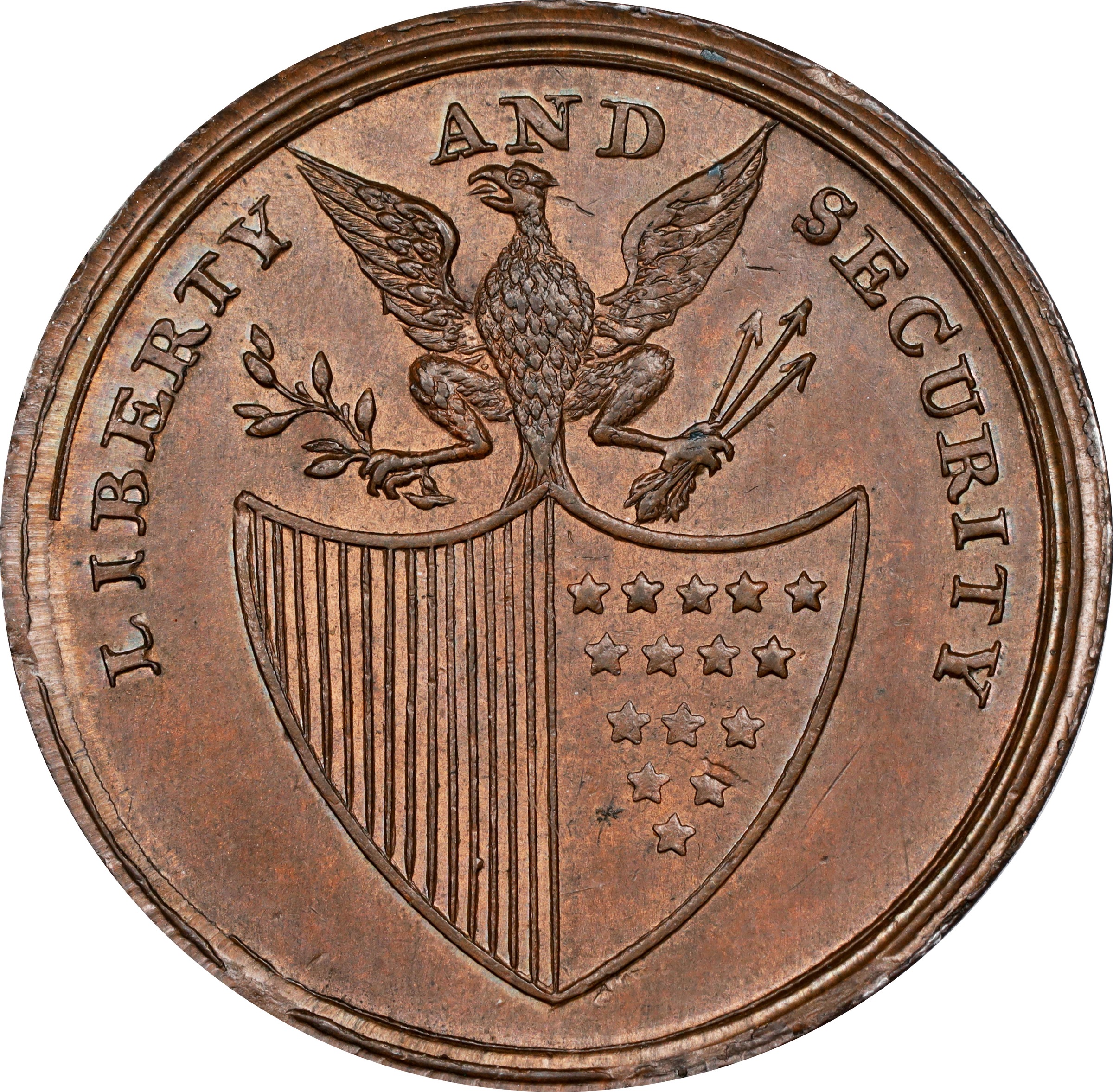 image for: Undated (ca. 1795) Washington Liberty and Security Penny. Musante GW-45, Baker-30, W-11050. Copper. Lettered Edge, AN ASYLUM FOR THE OPPRESSED OF ALL NATIONS. MS-65 BN (PCGS).