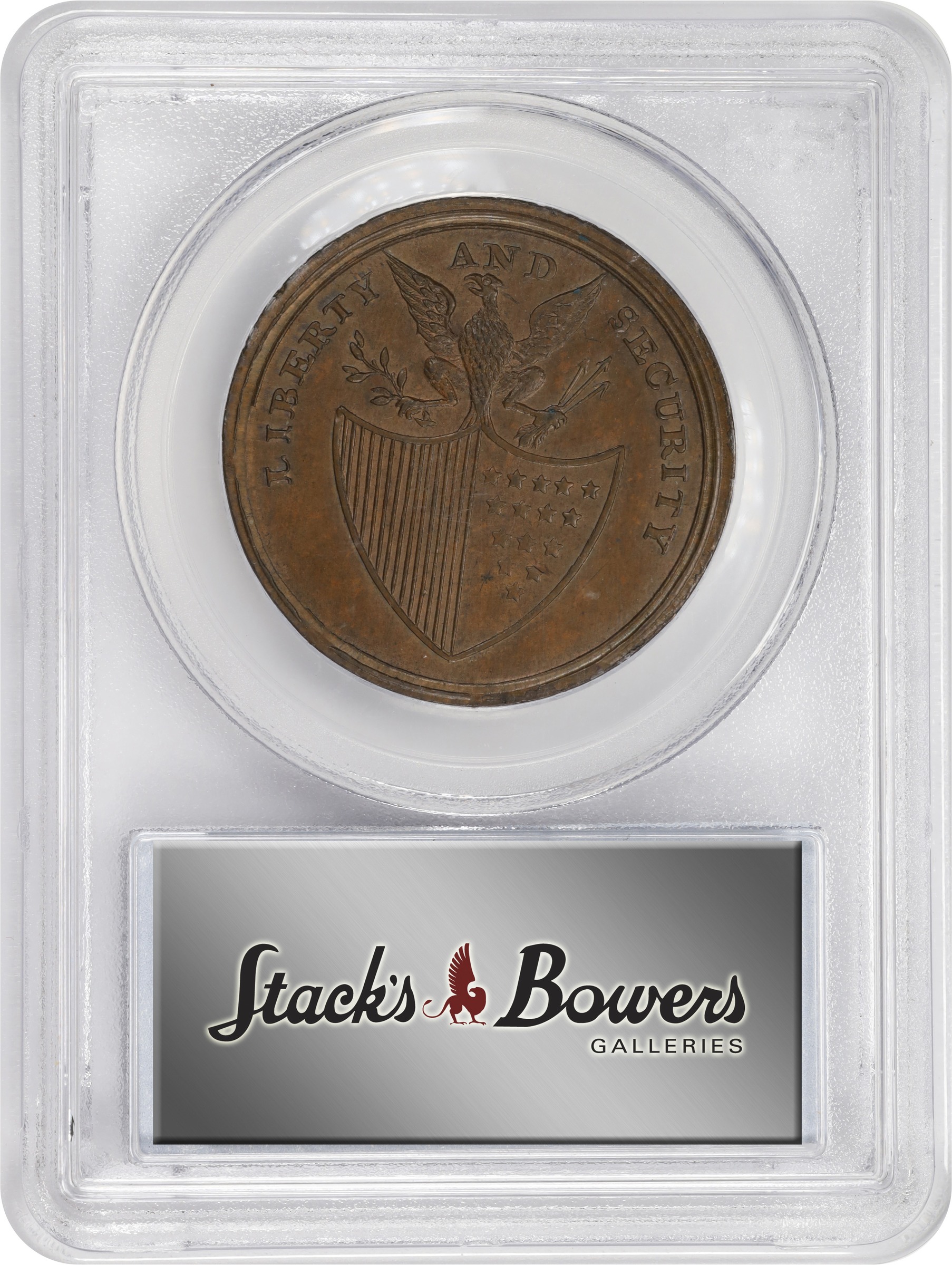 image for: Undated (ca. 1795) Washington Liberty and Security Penny. Musante GW-45, Baker-30, W-11050. Copper. Lettered Edge, AN ASYLUM FOR THE OPPRESSED OF ALL NATIONS. MS-65 BN (PCGS).