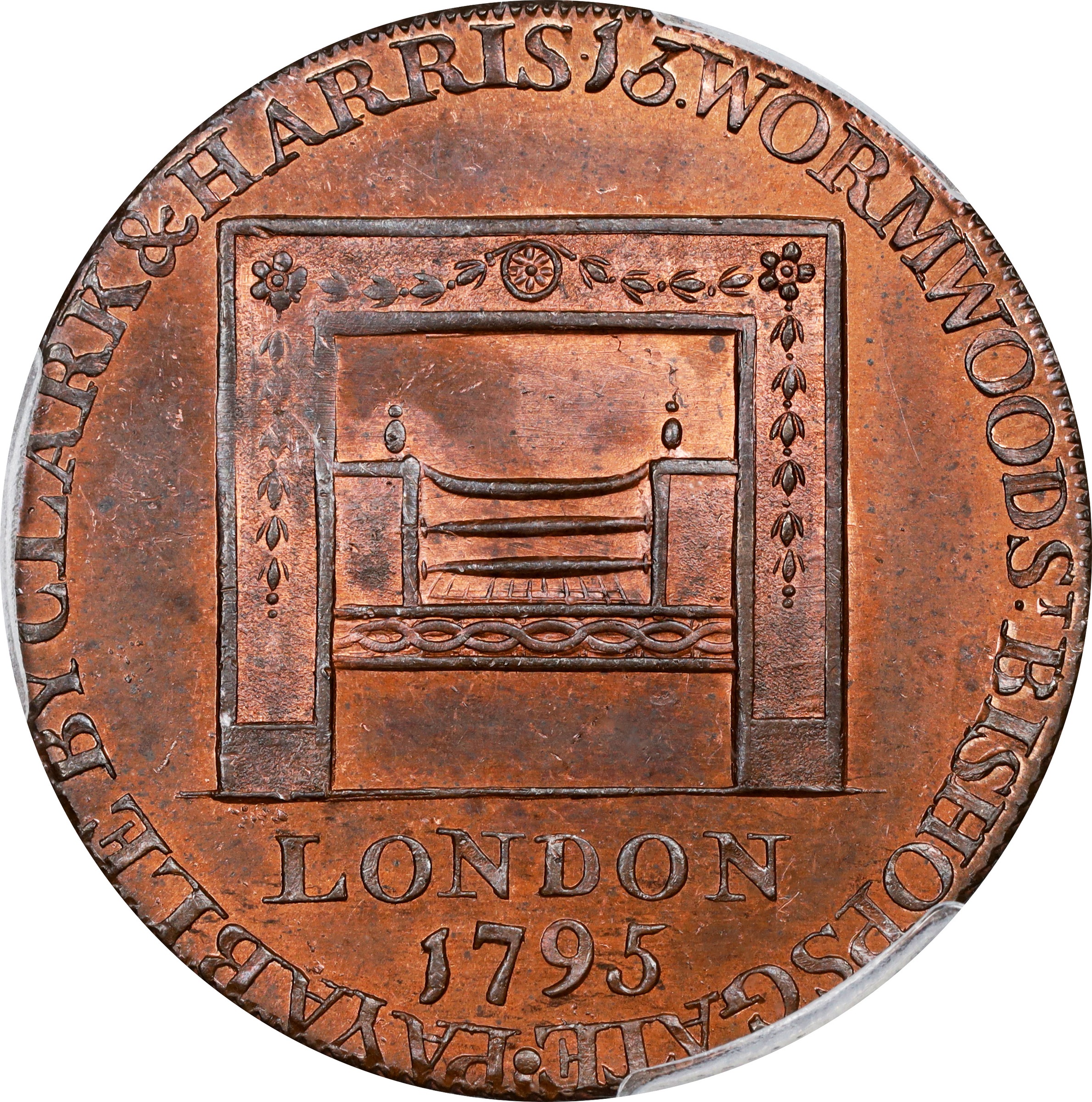image for: 1795 Grate Halfpenny. Musante GW-49, Baker-29B, W-10955. Large Buttons. Copper. Reeded Edge. MS-65 RB (PCGS).