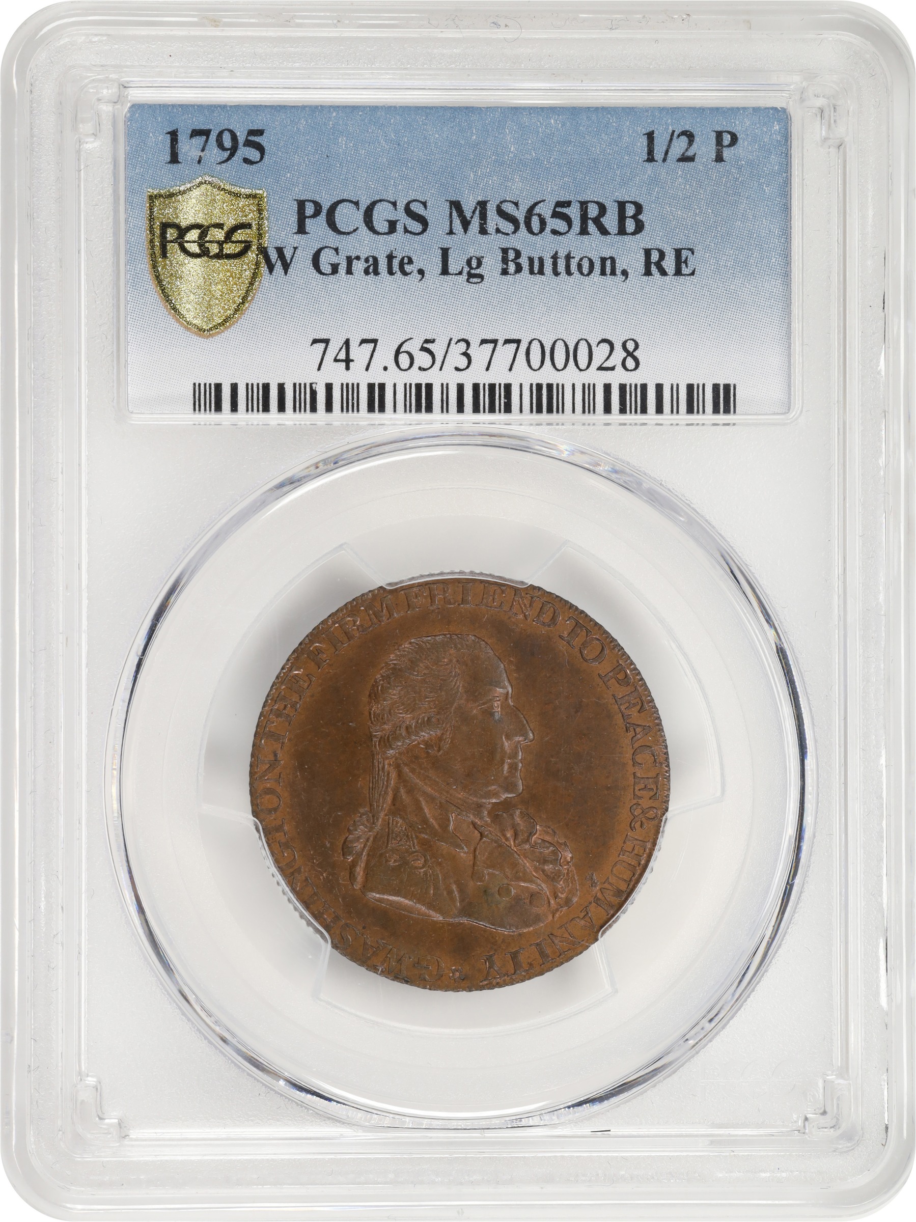image for: 1795 Grate Halfpenny. Musante GW-49, Baker-29B, W-10955. Large Buttons. Copper. Reeded Edge. MS-65 RB (PCGS).