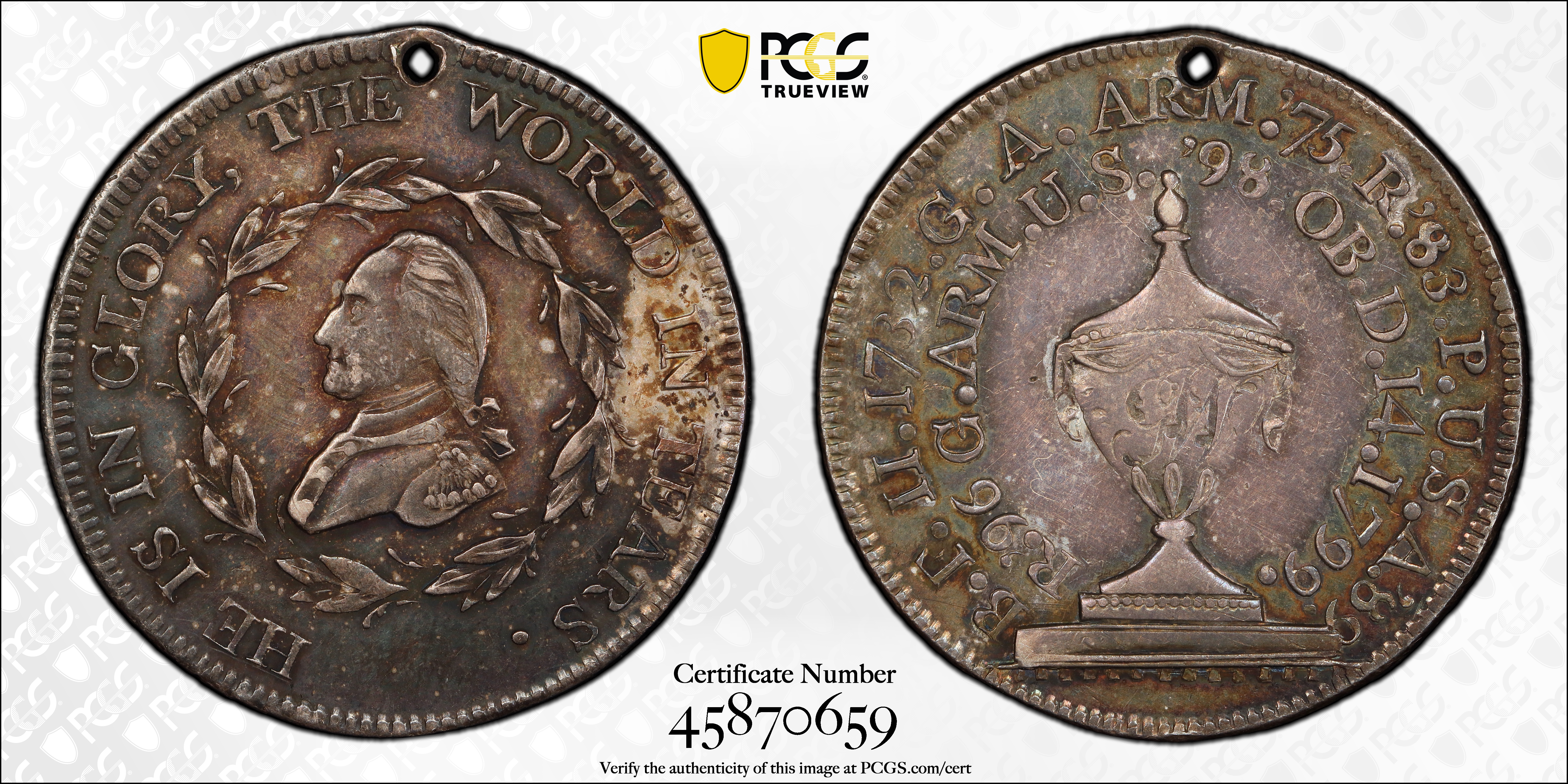 image for: "1799" (ca. 1800) Washington Funeral Urn Medal. Musante GW-70, Baker-166A, Fuld Dies 1-B. Silver. AU-58 (PCGS).
