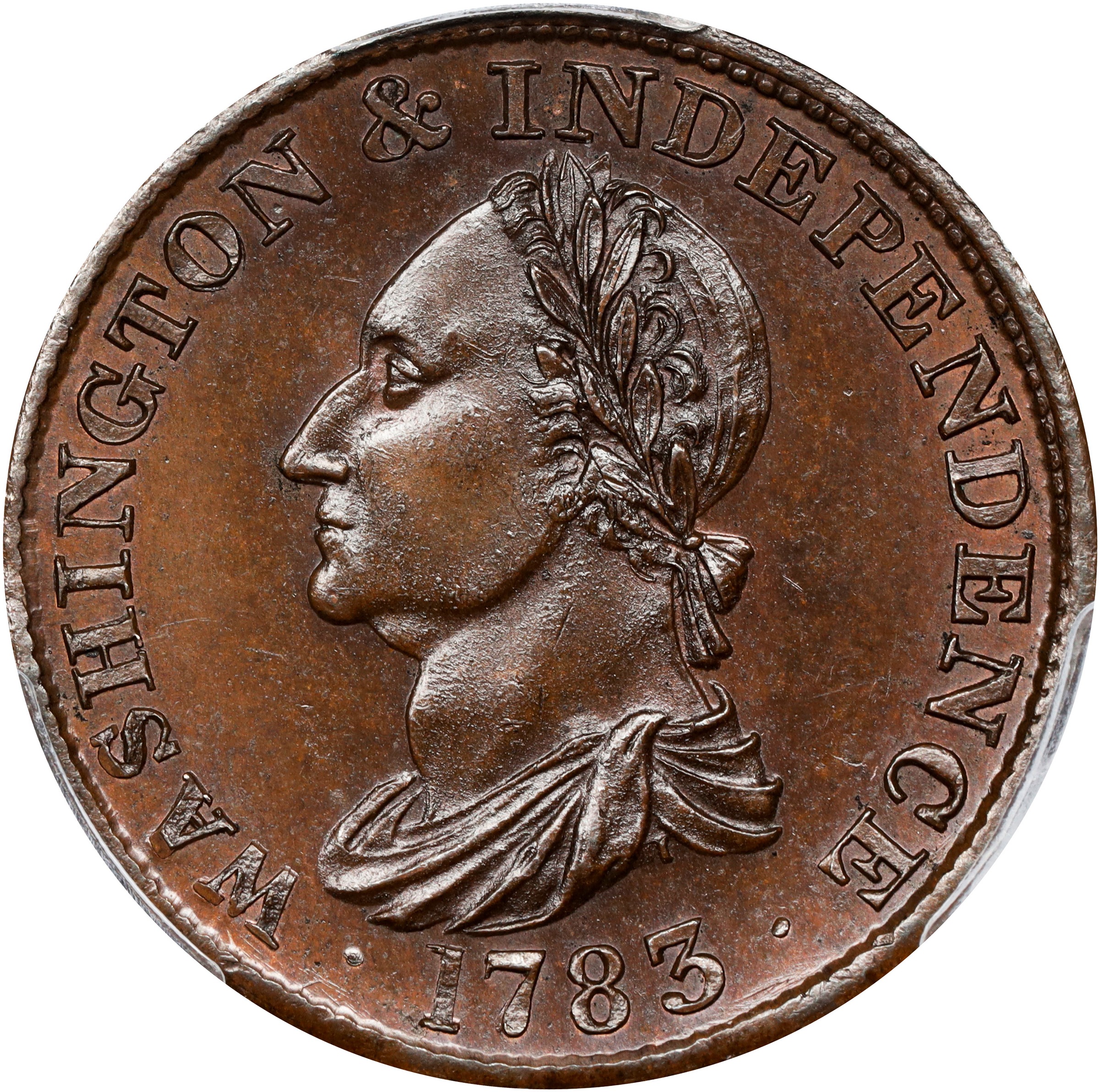 image for: "1783" (ca. 1860) Washington Draped Bust Copper. Reissue by W.S. Taylor. Musante GW-107, Vlack 17-L, Baker-3, W-10360. No Button. Copper. Engrailed Edge. Proof-65 BN (PCGS).
