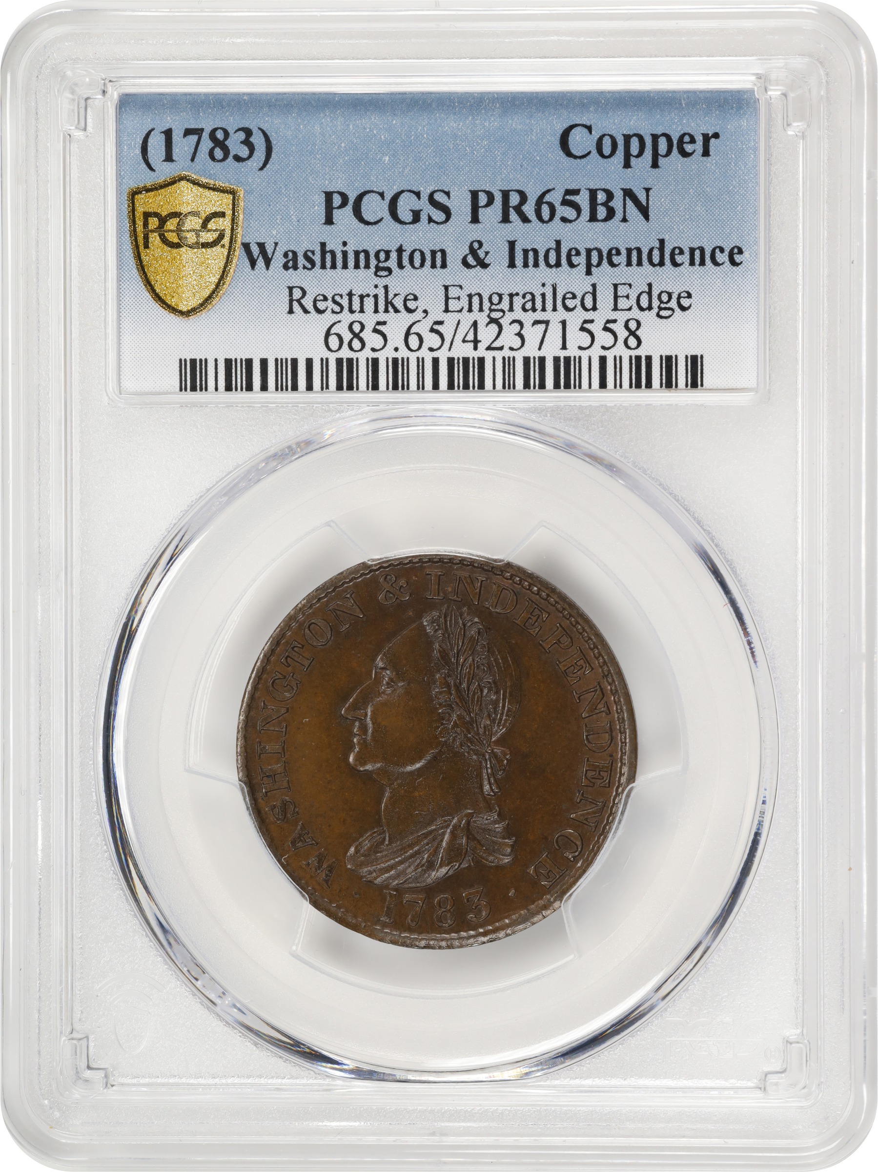 image for: "1783" (ca. 1860) Washington Draped Bust Copper. Reissue by W.S. Taylor. Musante GW-107, Vlack 17-L, Baker-3, W-10360. No Button. Copper. Engrailed Edge. Proof-65 BN (PCGS).