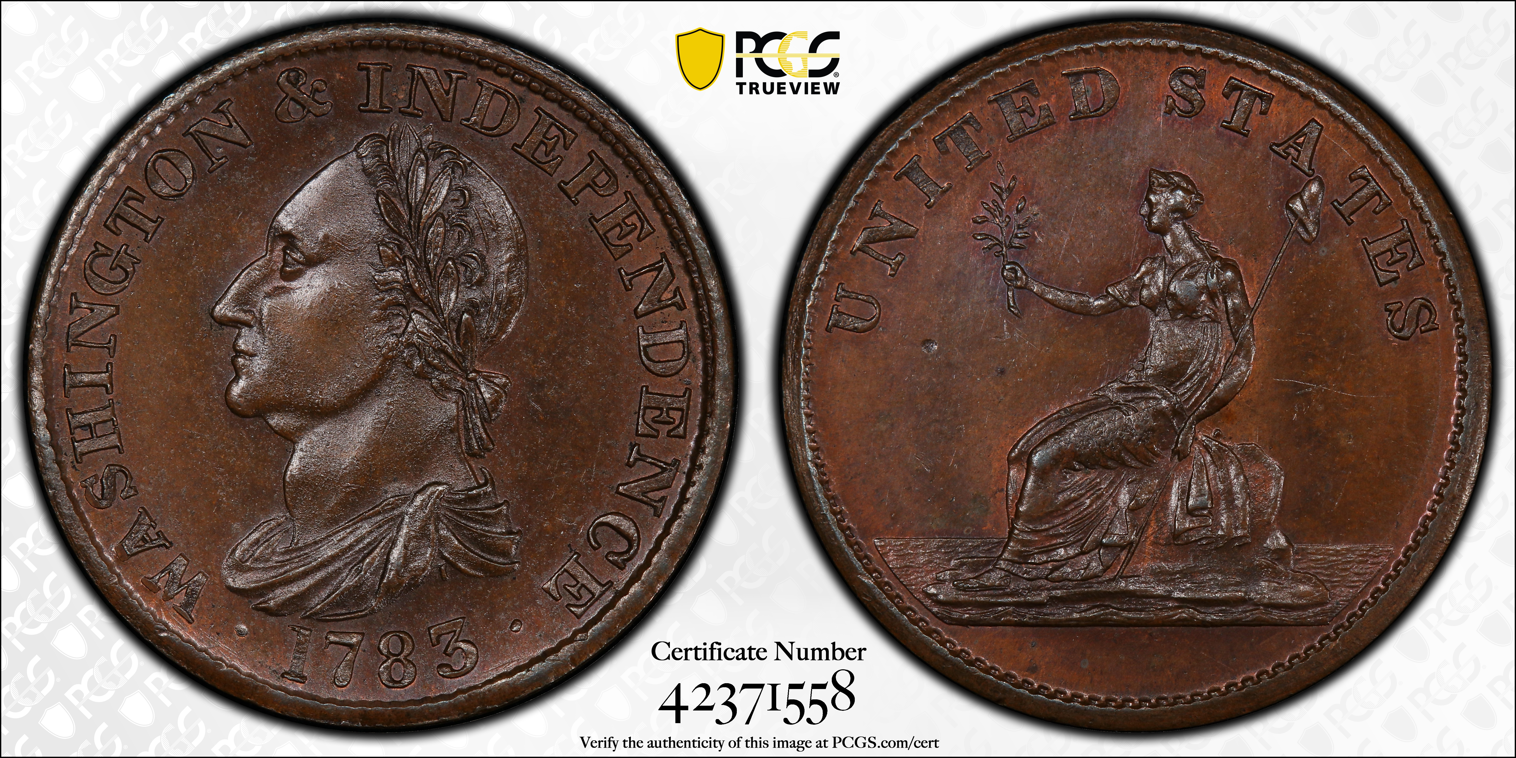 image for: "1783" (ca. 1860) Washington Draped Bust Copper. Reissue by W.S. Taylor. Musante GW-107, Vlack 17-L, Baker-3, W-10360. No Button. Copper. Engrailed Edge. Proof-65 BN (PCGS).