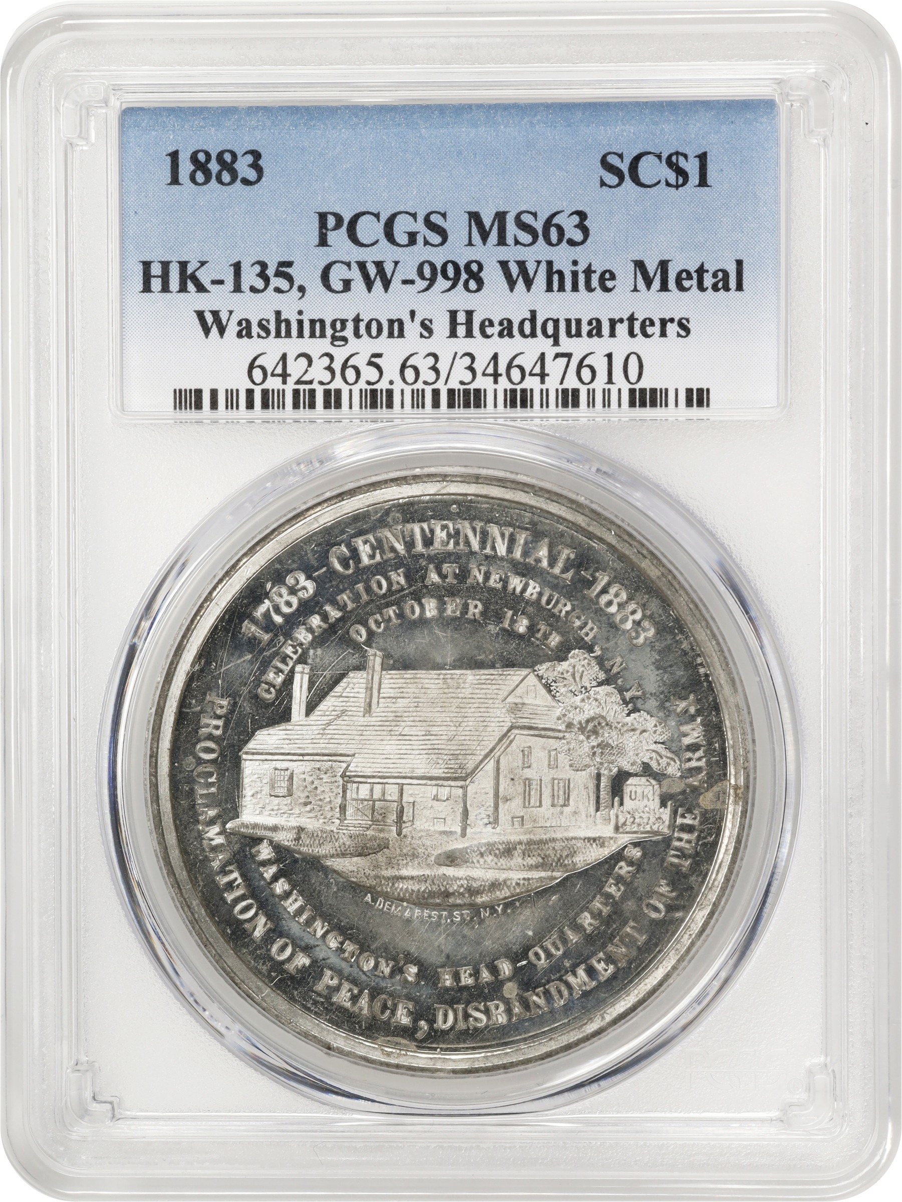 image for: 1883 Washington's Headquarters at Newburgh, New York Centennial Medal. Musante GW-998, Baker-R456, HK-135. White Metal. MS-63 (PCGS).